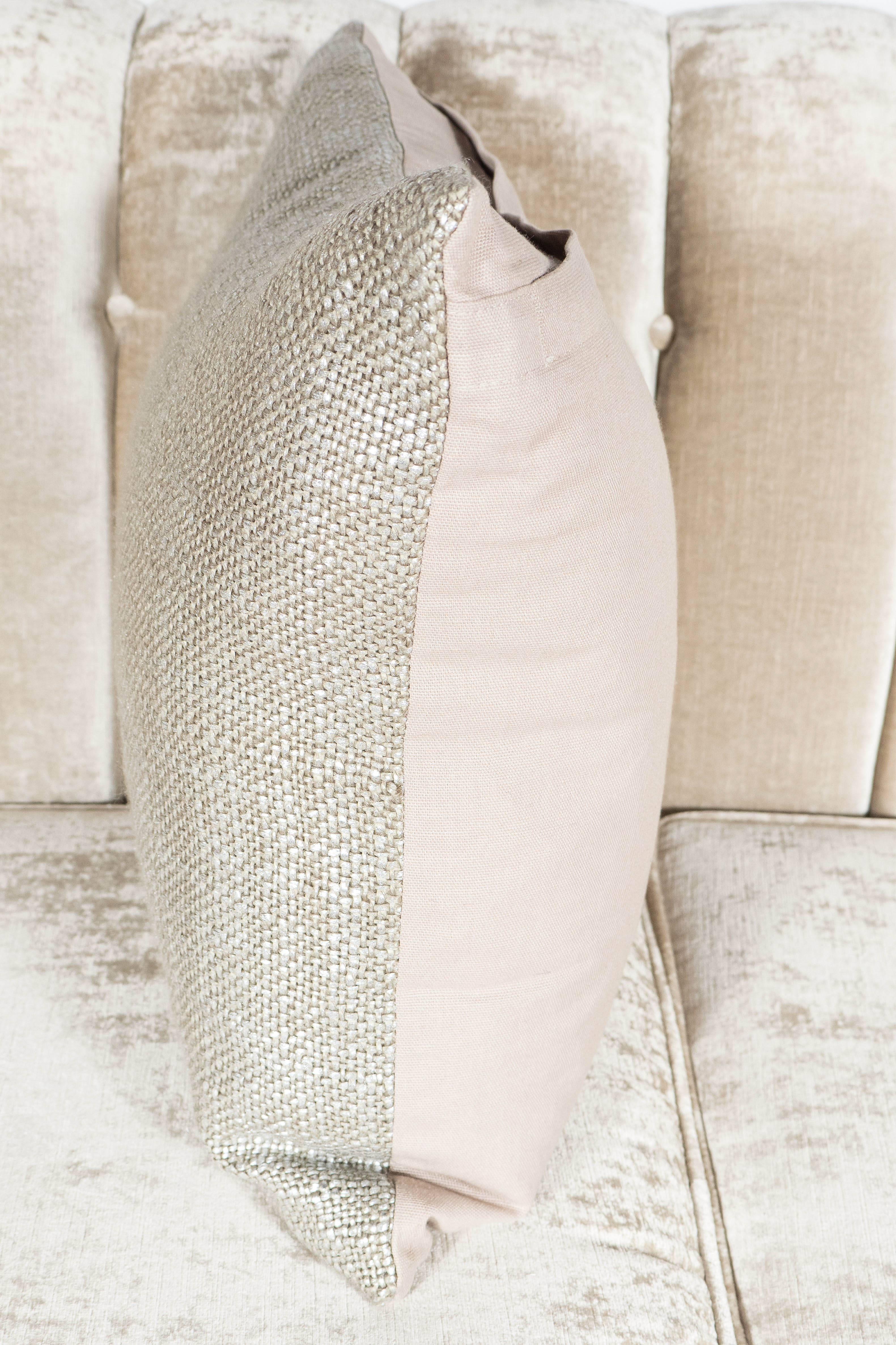 American Custom Textured Woven Metallic Platinum Pillow with Linen Backing For Sale