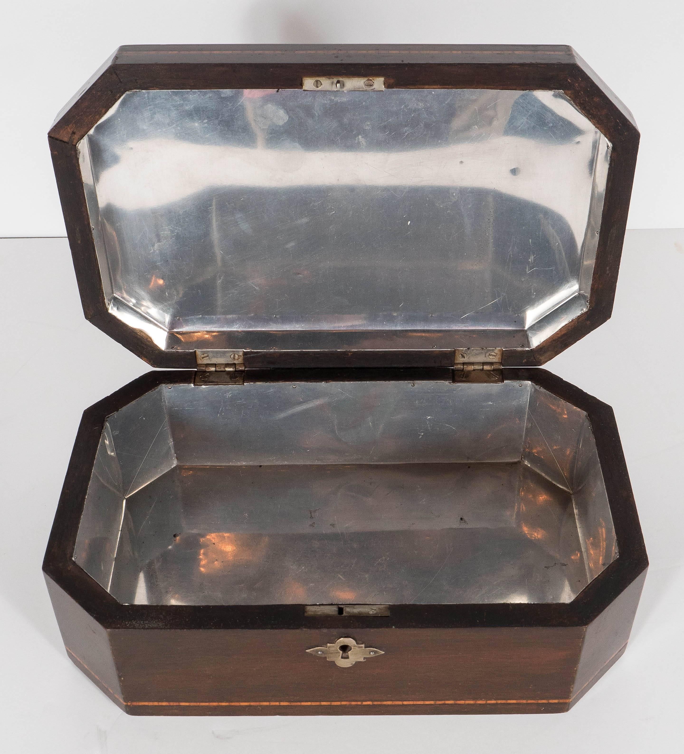 Belle Époque Exquisite Antique Inlaid Marquetry Exotic Wood Box with Hand-Forged Tin Interior