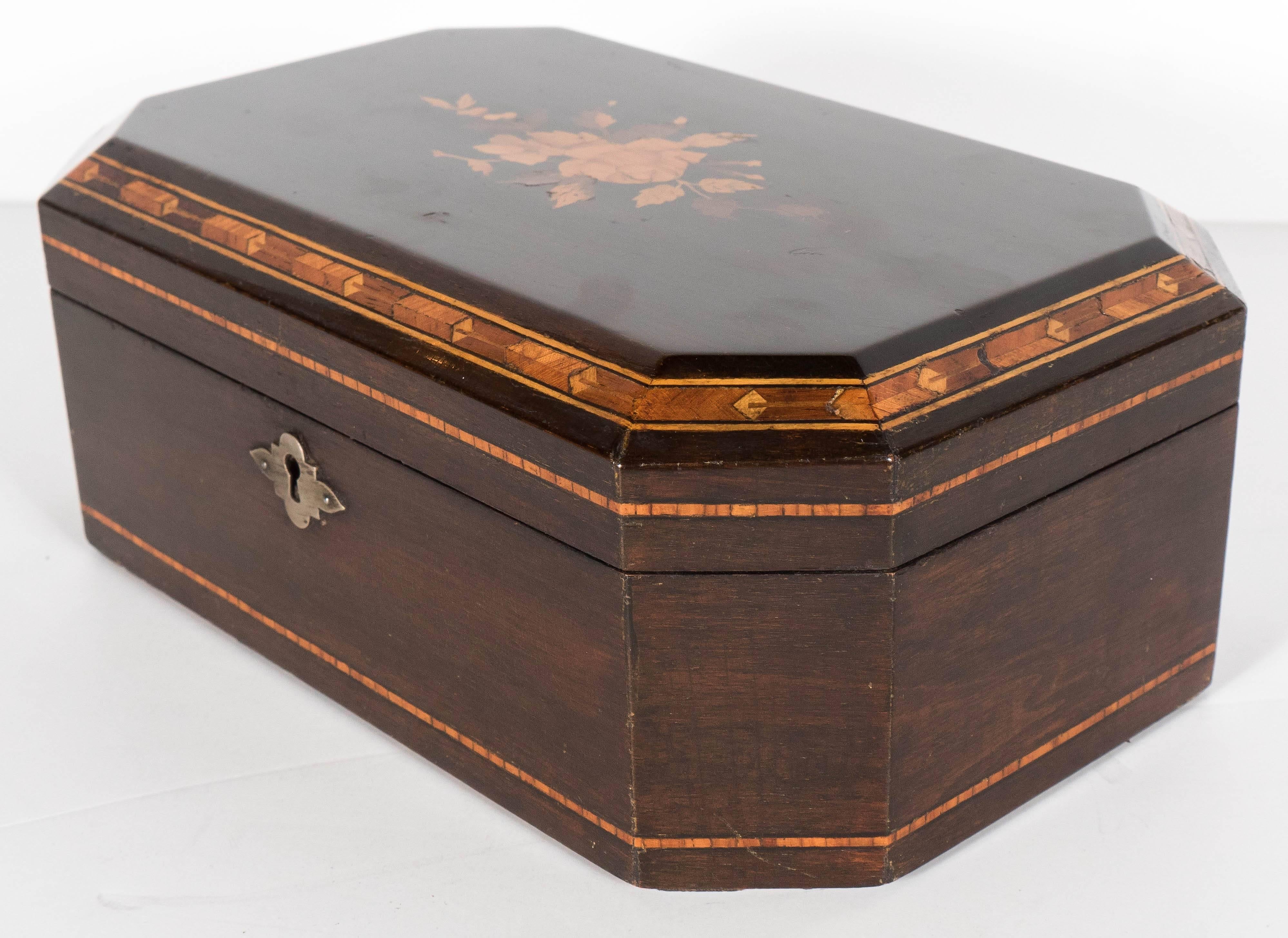 French Exquisite Antique Inlaid Marquetry Exotic Wood Box with Hand-Forged Tin Interior