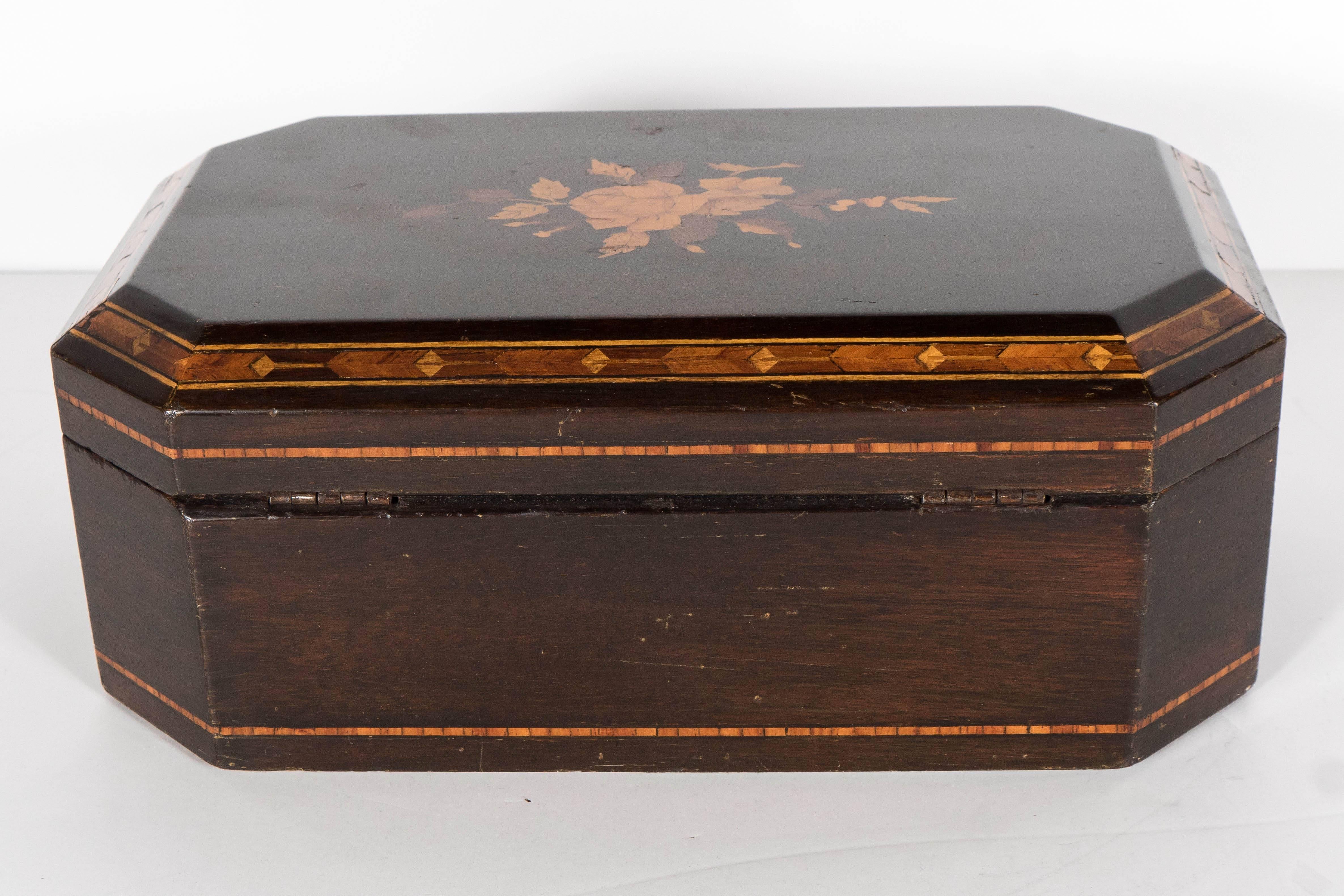 Early 20th Century Exquisite Antique Inlaid Marquetry Exotic Wood Box with Hand-Forged Tin Interior