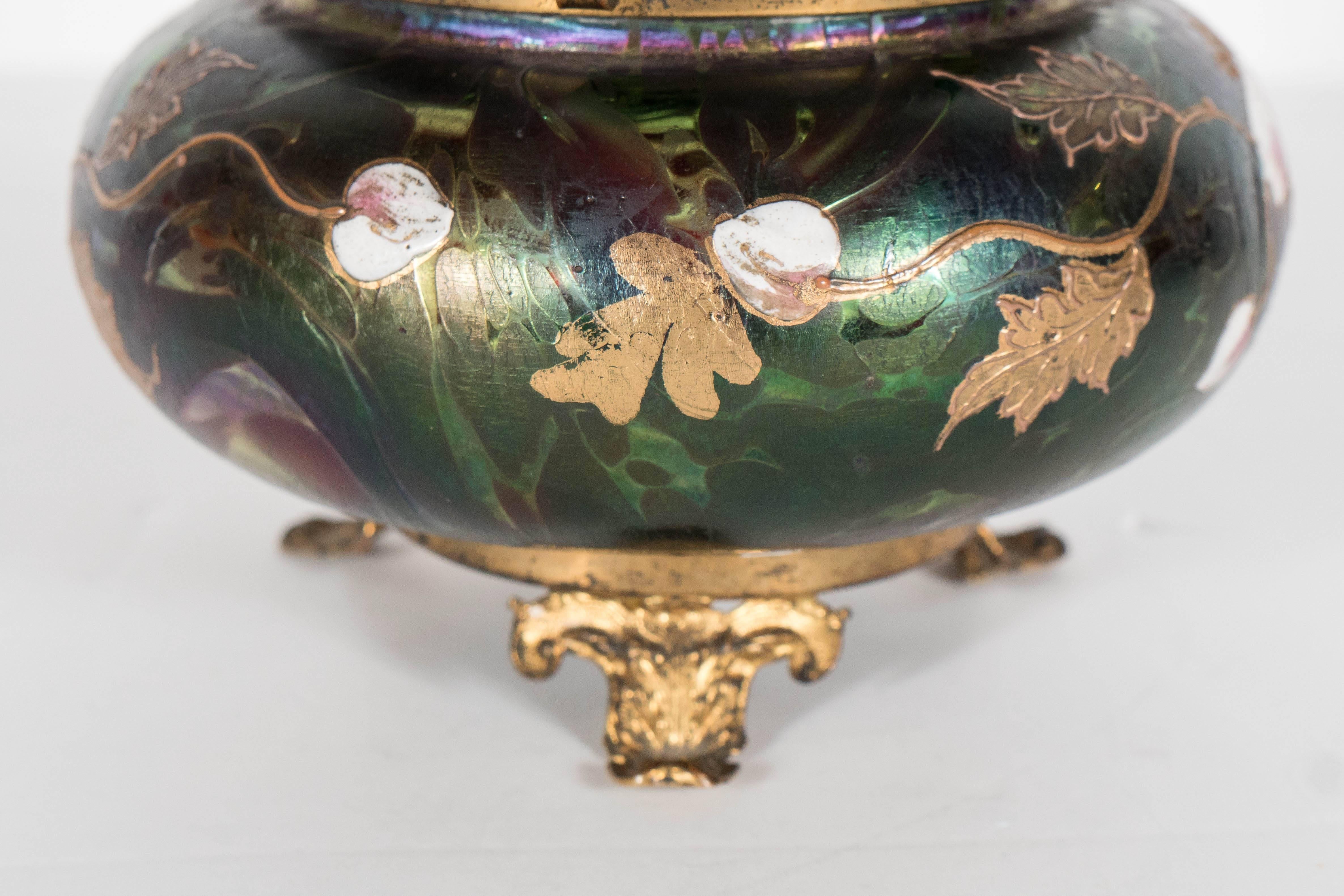 Belle Époque Elegant Tiffany Style Hand Painted Hinged Glass Box with Gilt Floral Design