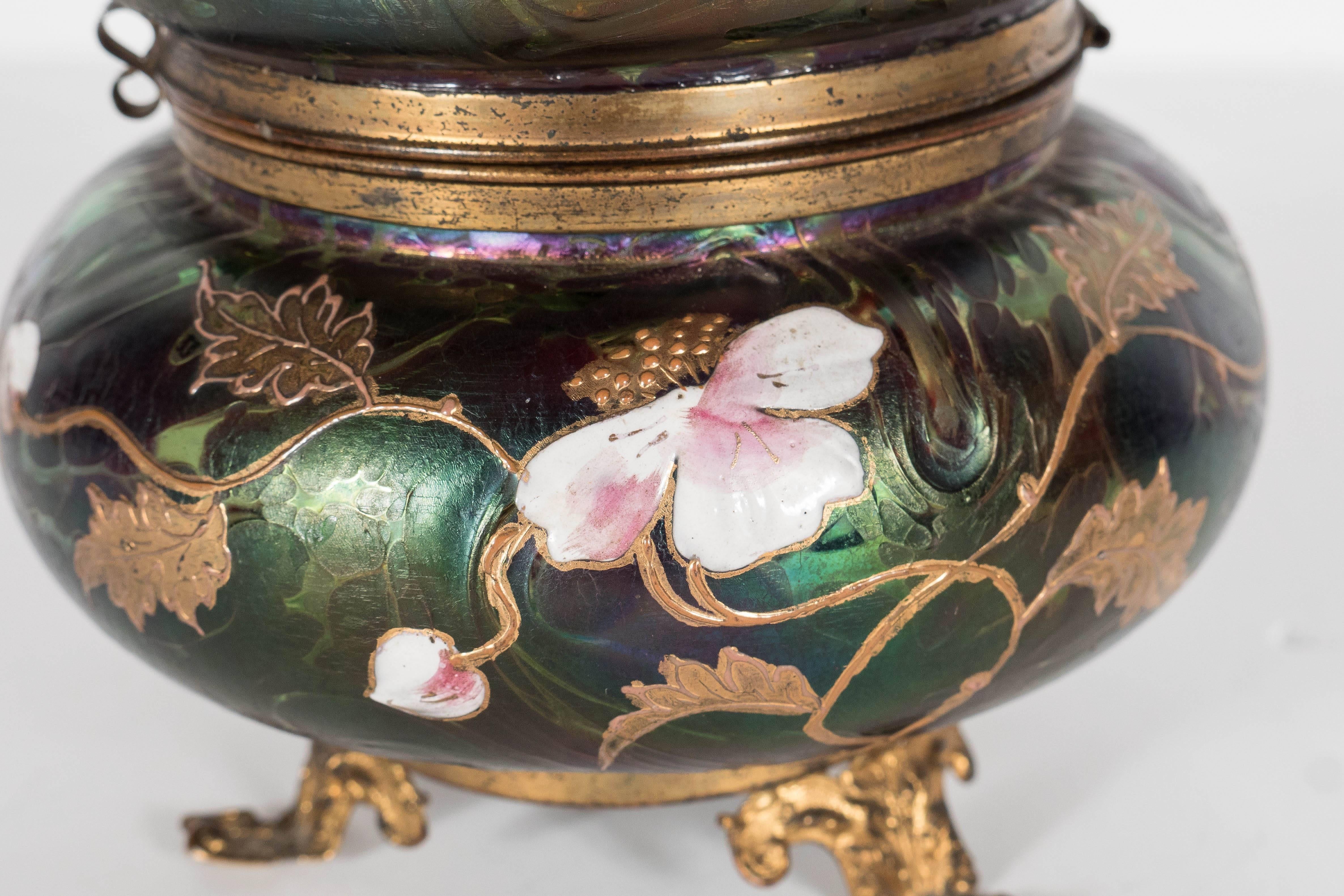 Early 20th Century Elegant Tiffany Style Hand Painted Hinged Glass Box with Gilt Floral Design