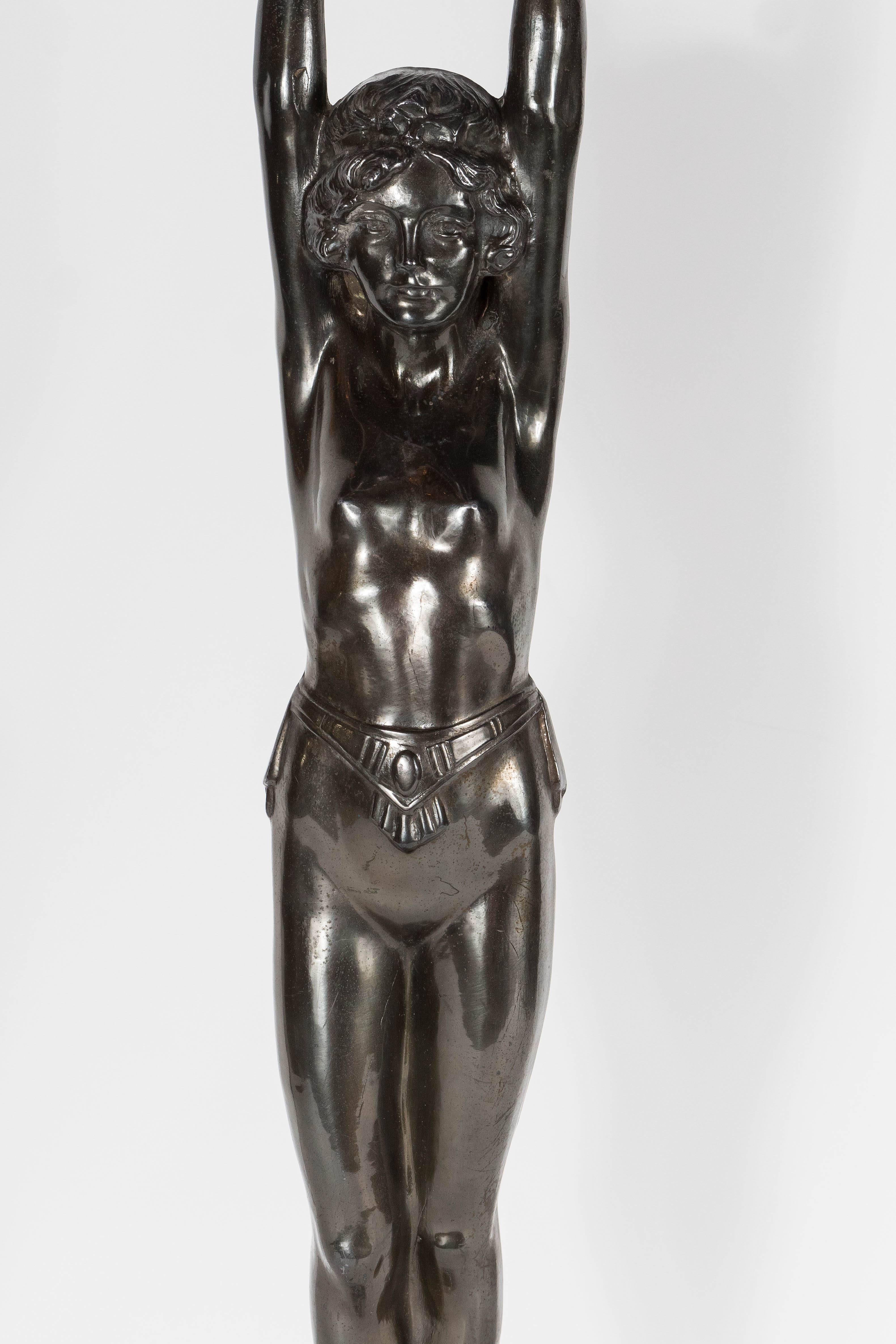 American Art Deco Flapper Lady Uplight by Everlite in  Patinated Bronze With Marble Base