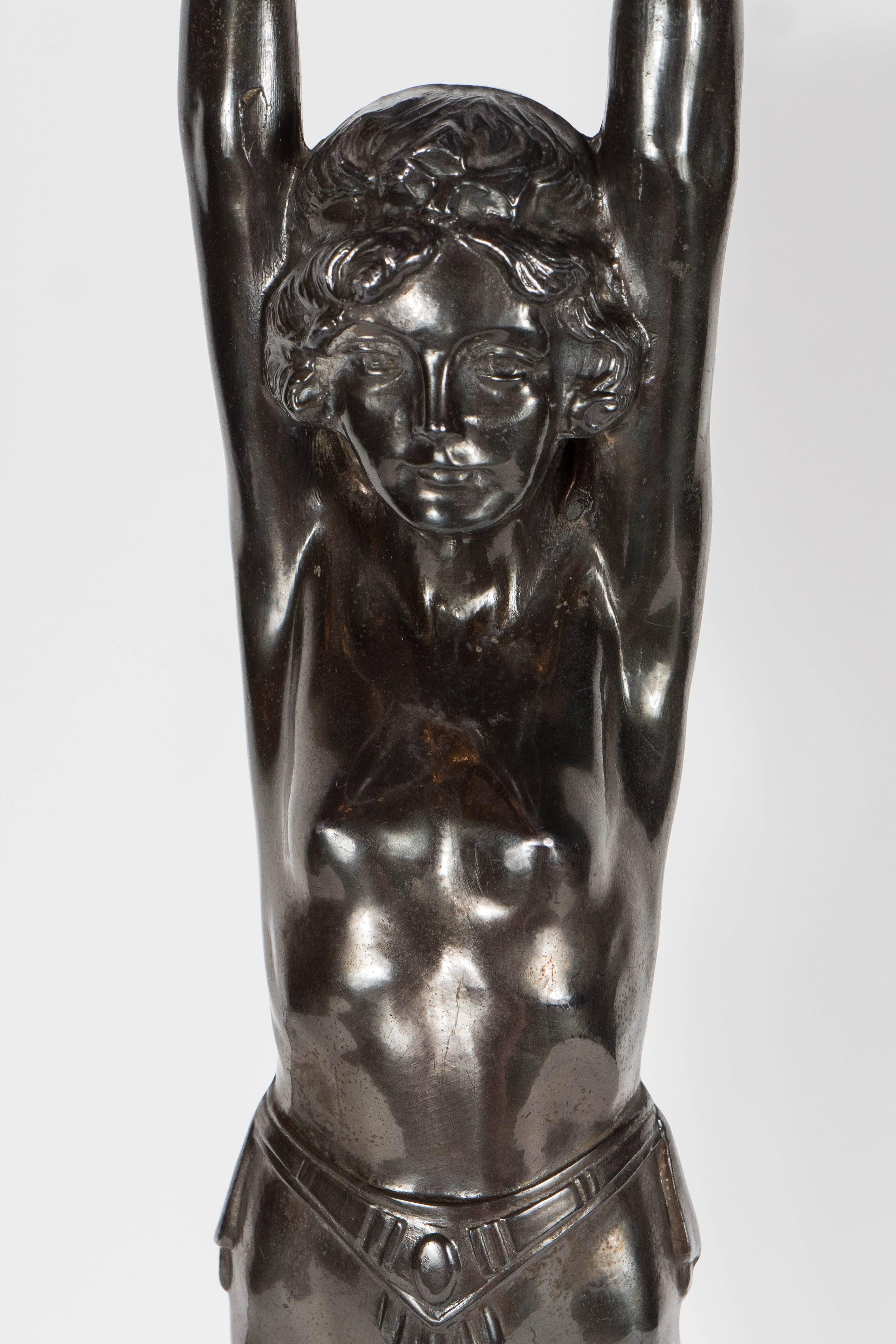 Mid-20th Century Art Deco Flapper Lady Uplight by Everlite in  Patinated Bronze With Marble Base