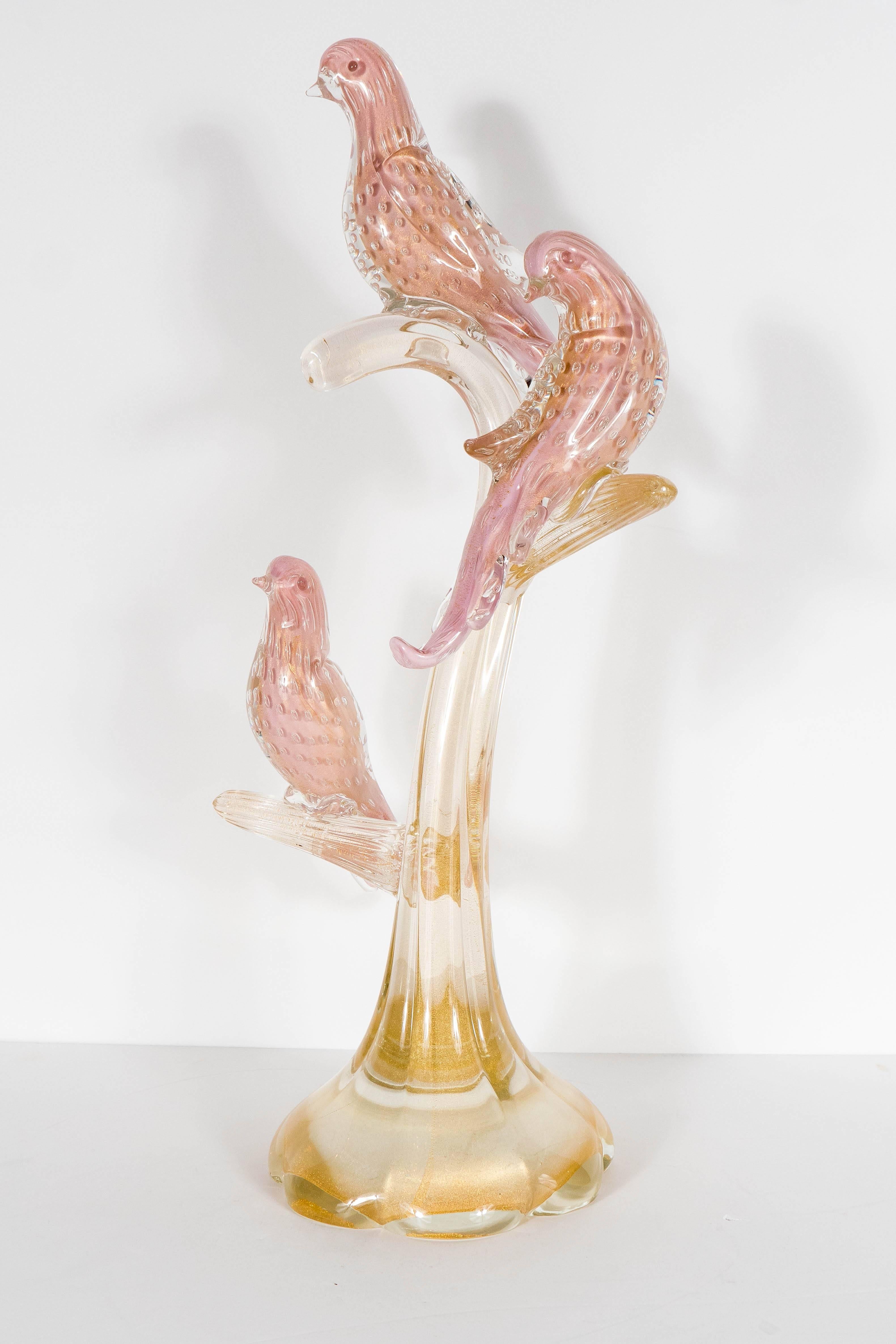 Hand-Crafted Midcentury Murano Glass Sculpture of Three Birds on a Branch