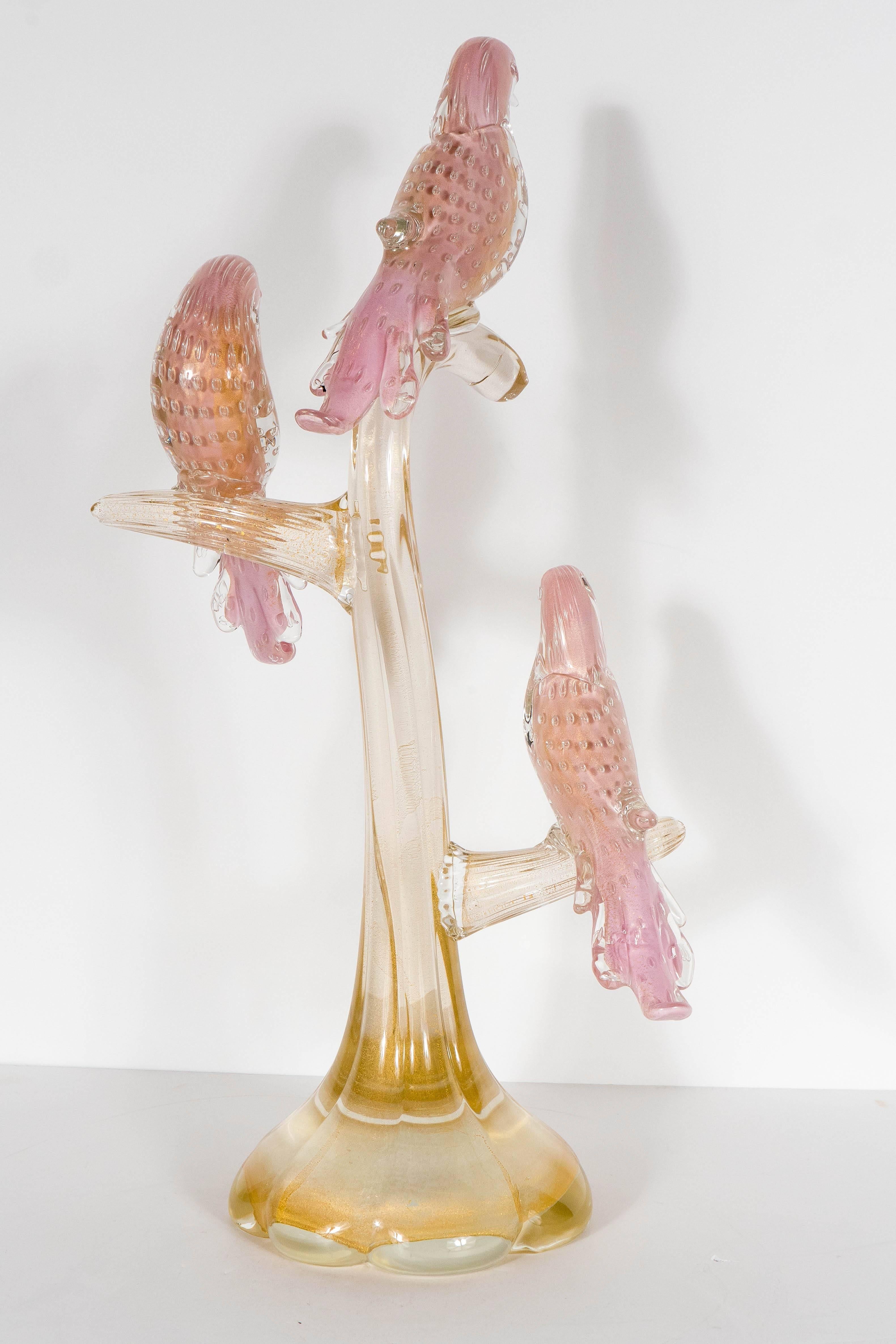 Mid-20th Century Midcentury Murano Glass Sculpture of Three Birds on a Branch