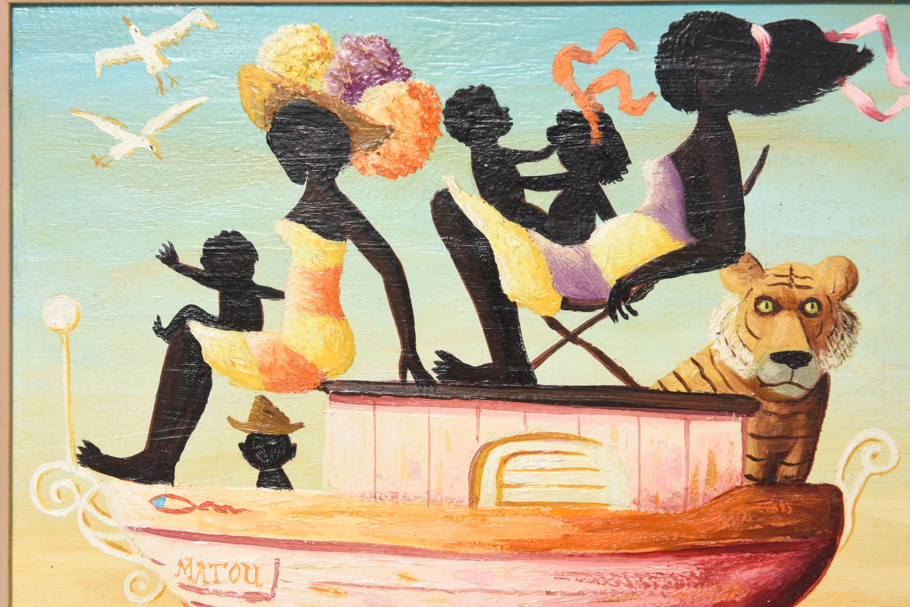 The whimsical painting in original frame by acclaimed artist titled 