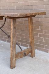 Italian 18th Century Oak or Walnut Table with Small Drawer and Iron Stretcher