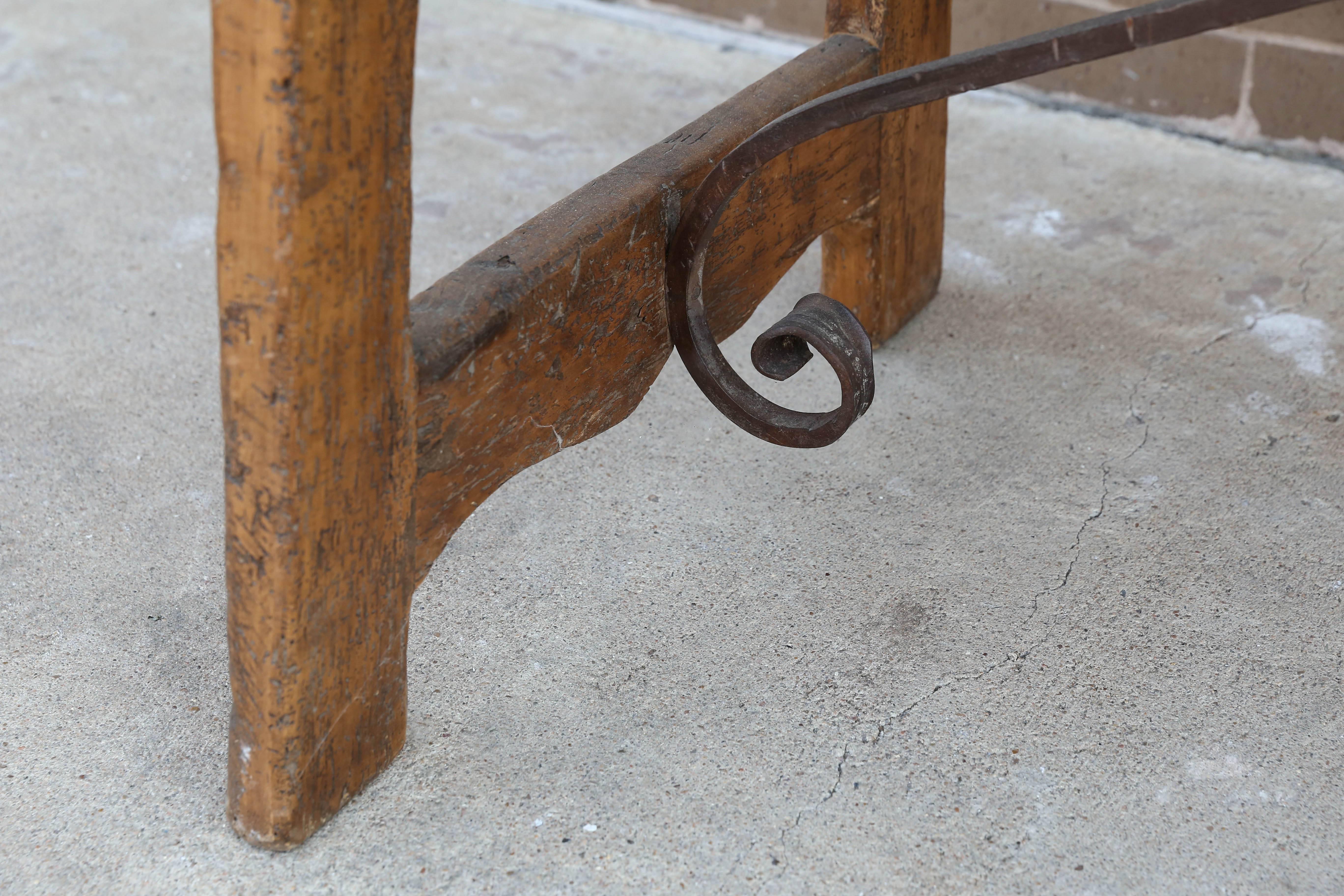 Italian 18th Century Oak or Walnut Table with Small Drawer and Iron Stretcher 3