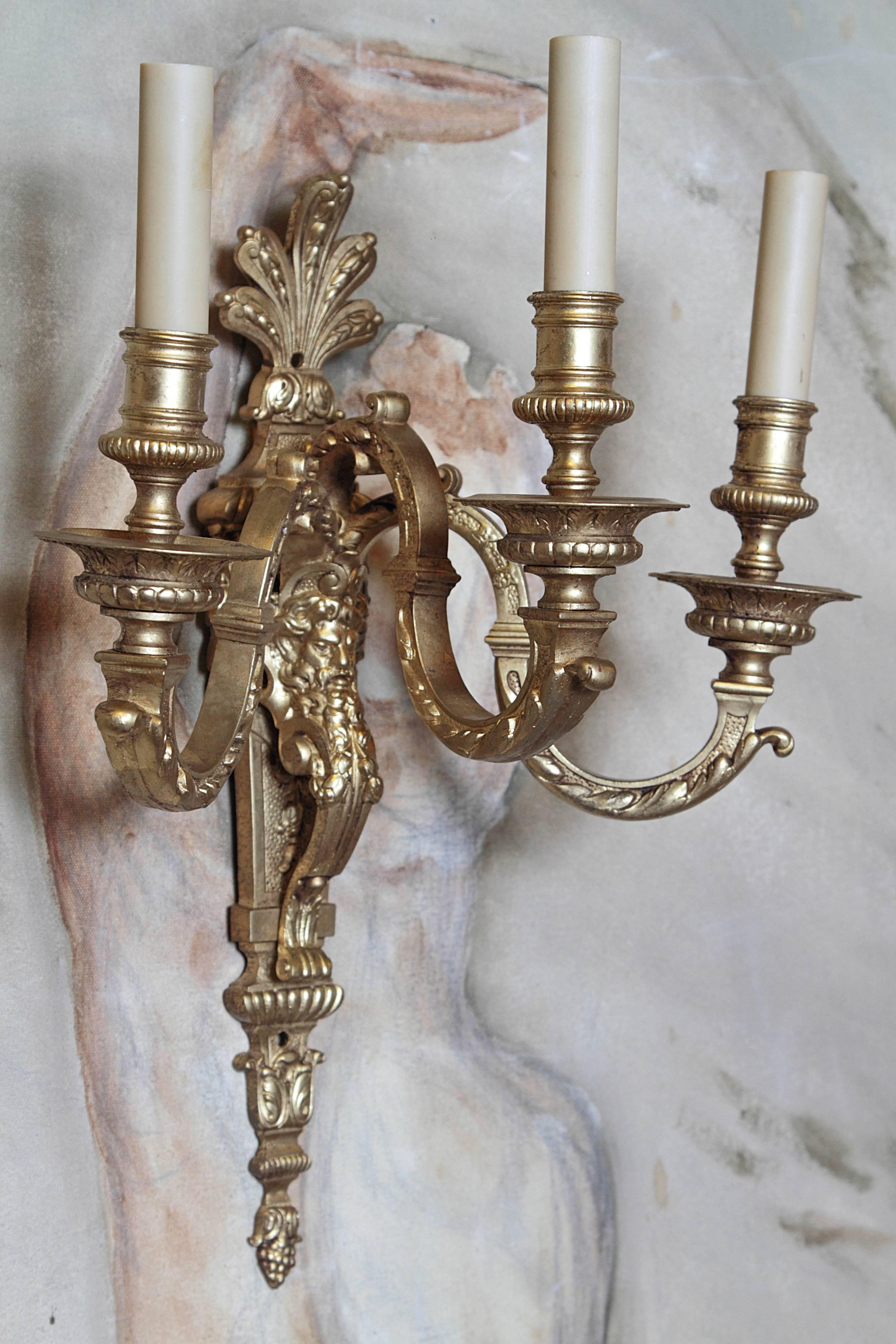 Louis XVI Pair of French Bronze Three-Candle Wall Sconces