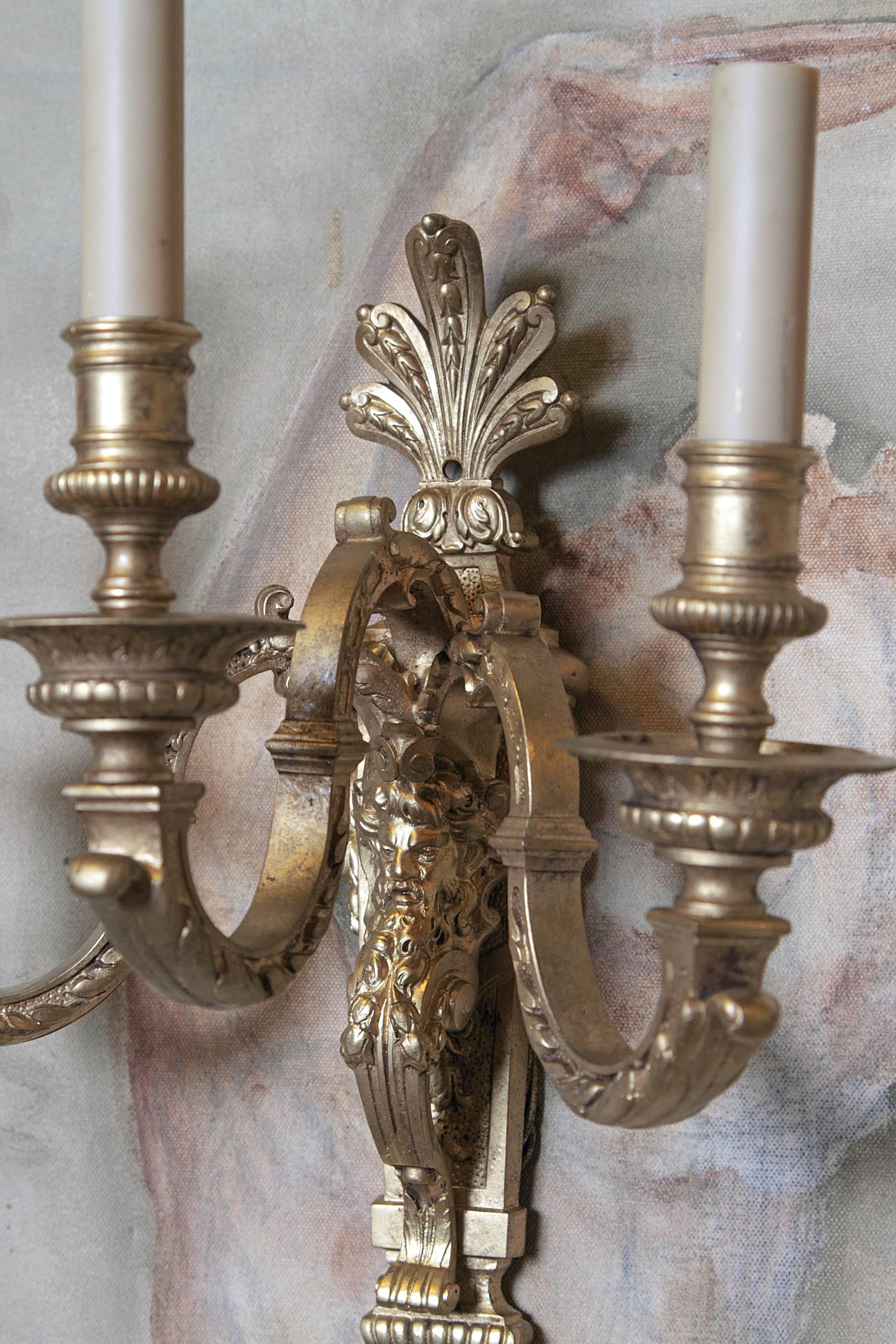 Gilt Pair of French Bronze Three-Candle Wall Sconces
