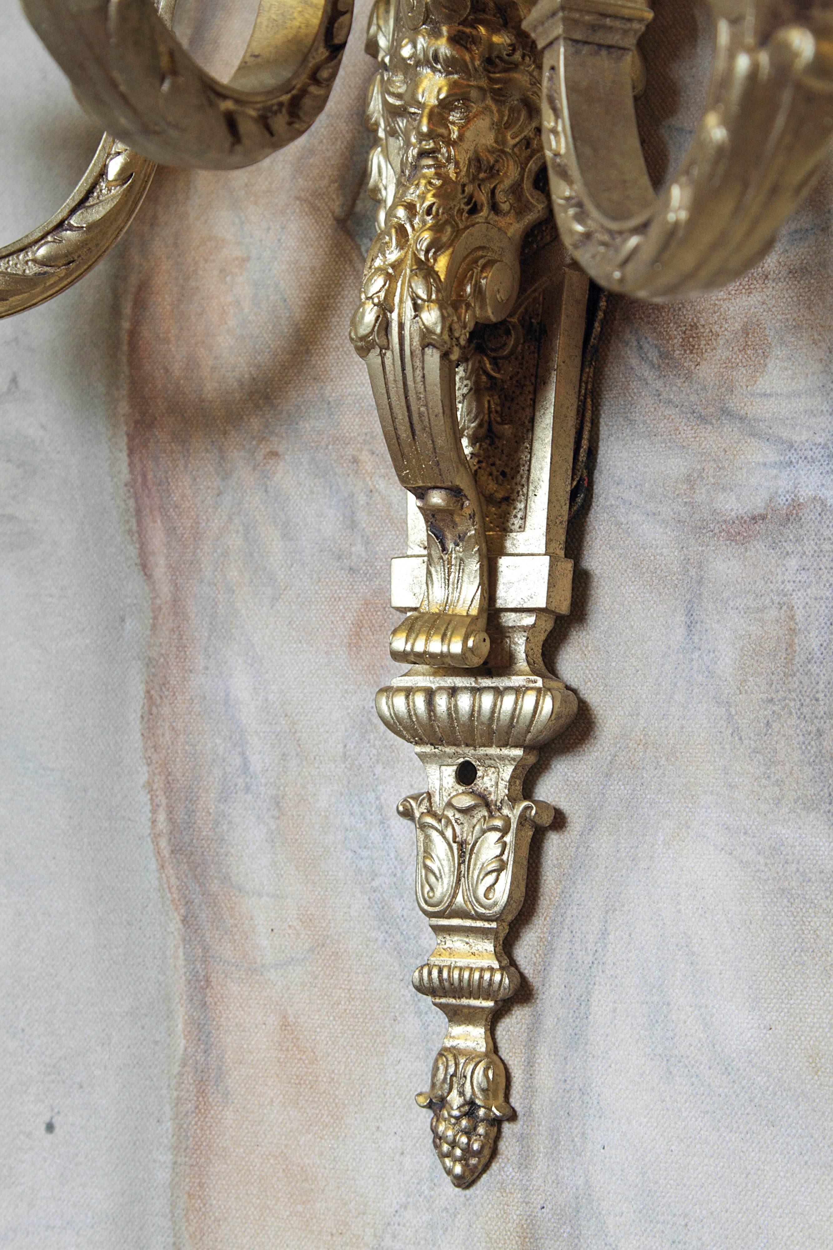 Pair of French Bronze Three-Candle Wall Sconces In Good Condition In Dallas, TX