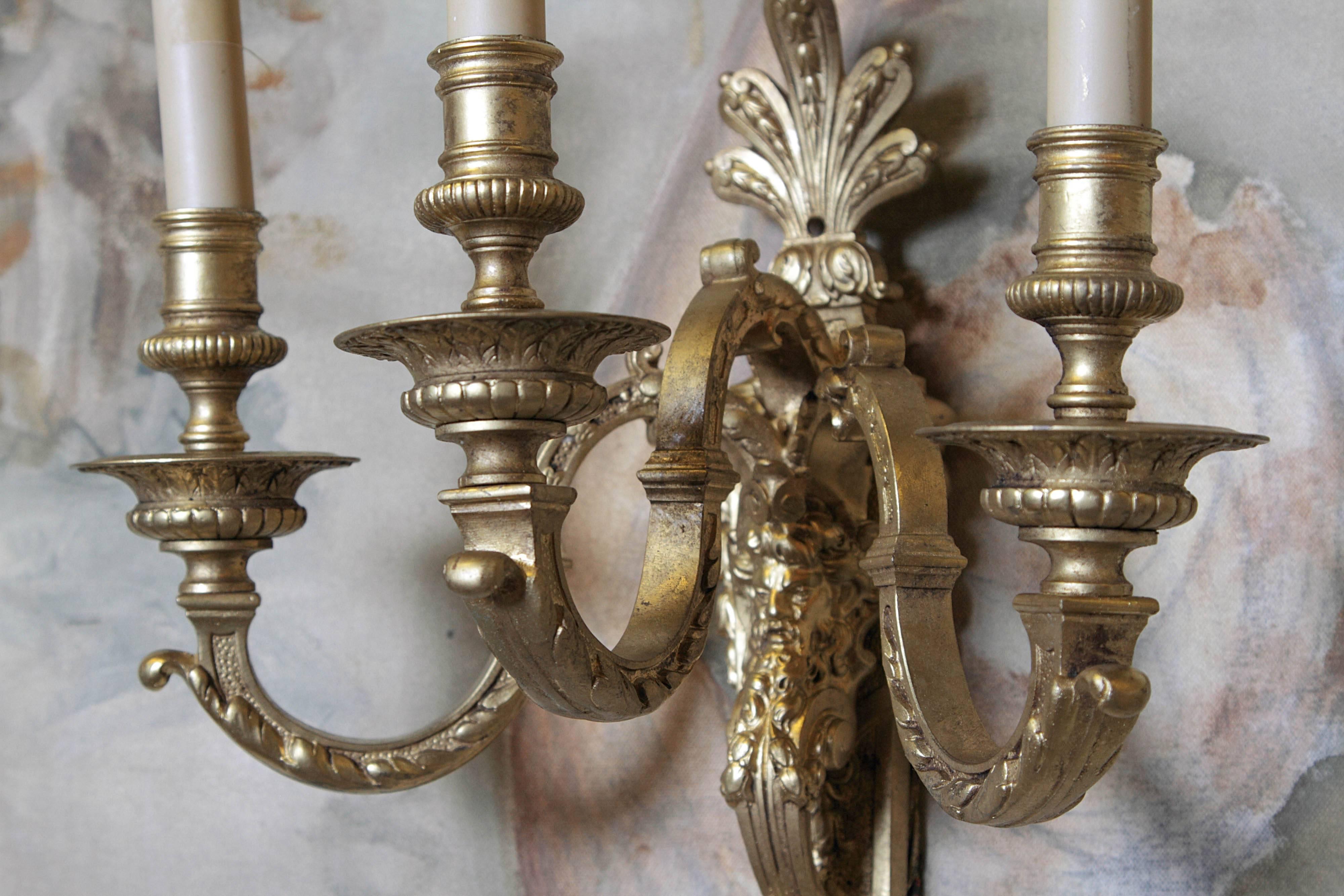 20th Century Pair of French Bronze Three-Candle Wall Sconces