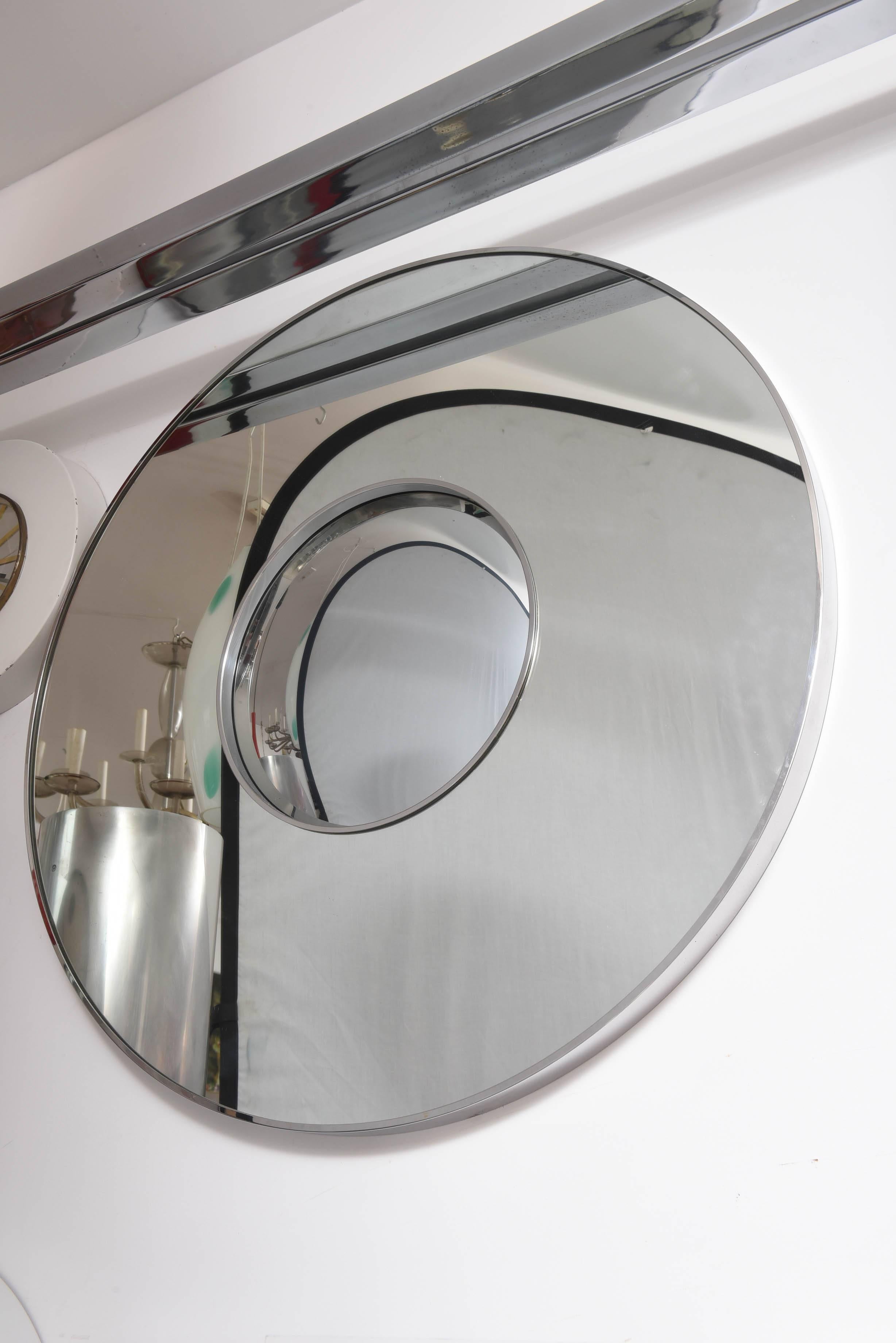 Late 20th Century 20th Century Minimalist Modern Convexed Center Stainless Steel Round Mirror