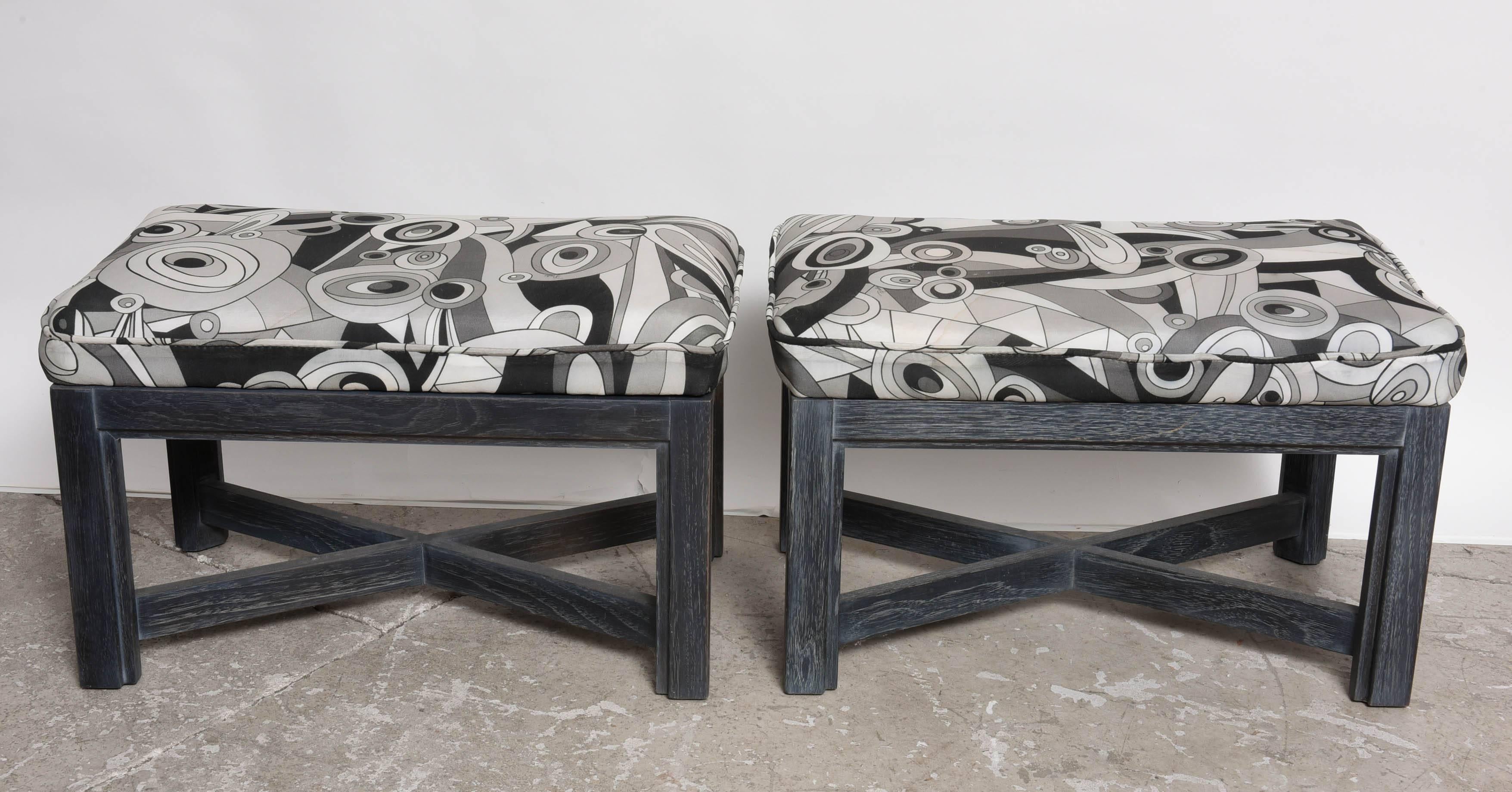 Beautiful pair of Cerrused Oak X base stool. They are a black - charcoal grey color Cerrused finish , foam upholstered in Picci fabric, some soiling on fabric .