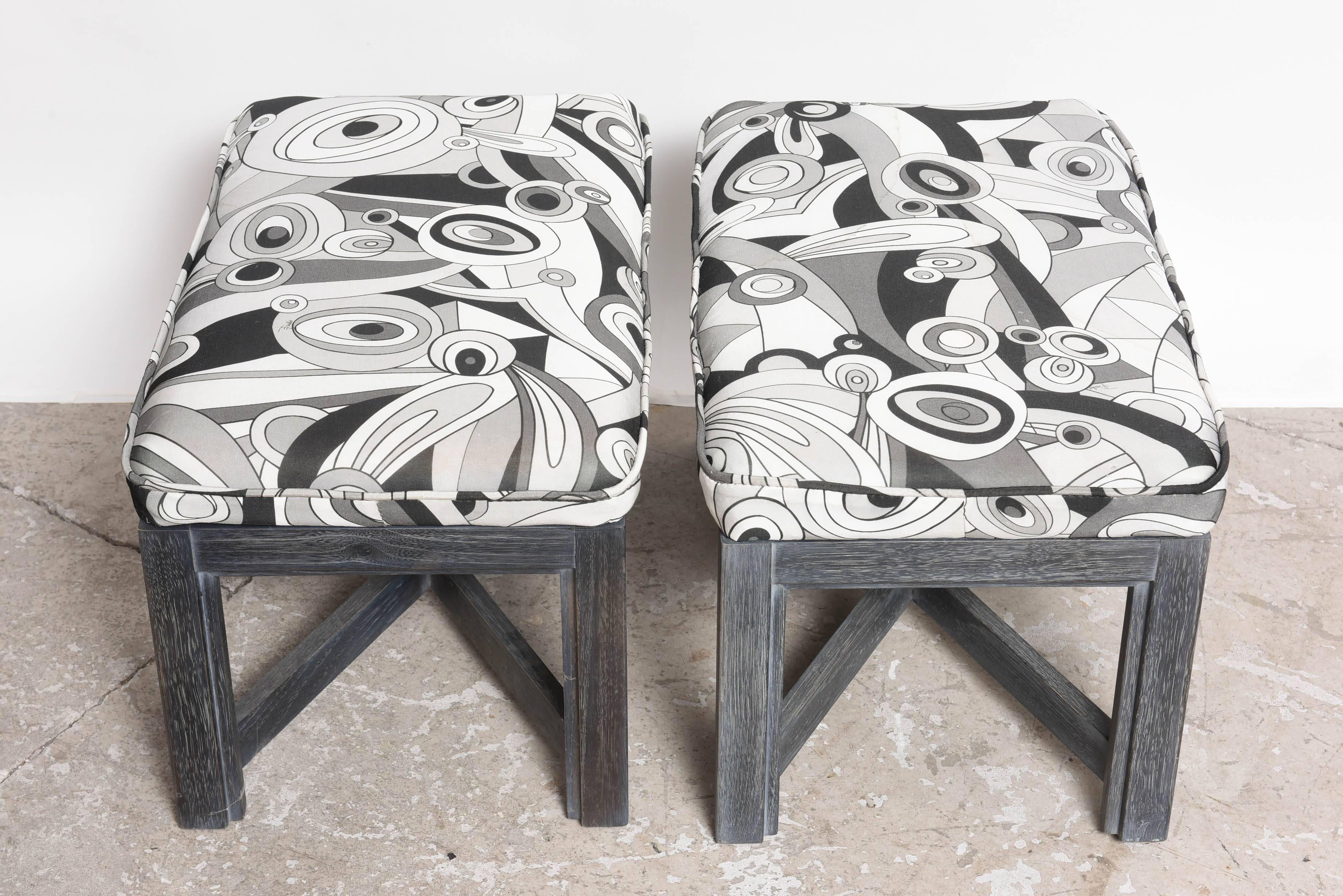 American Upholstered Pair of Cerrused Oak X Base Stools  upholstered in Pucci Fabric