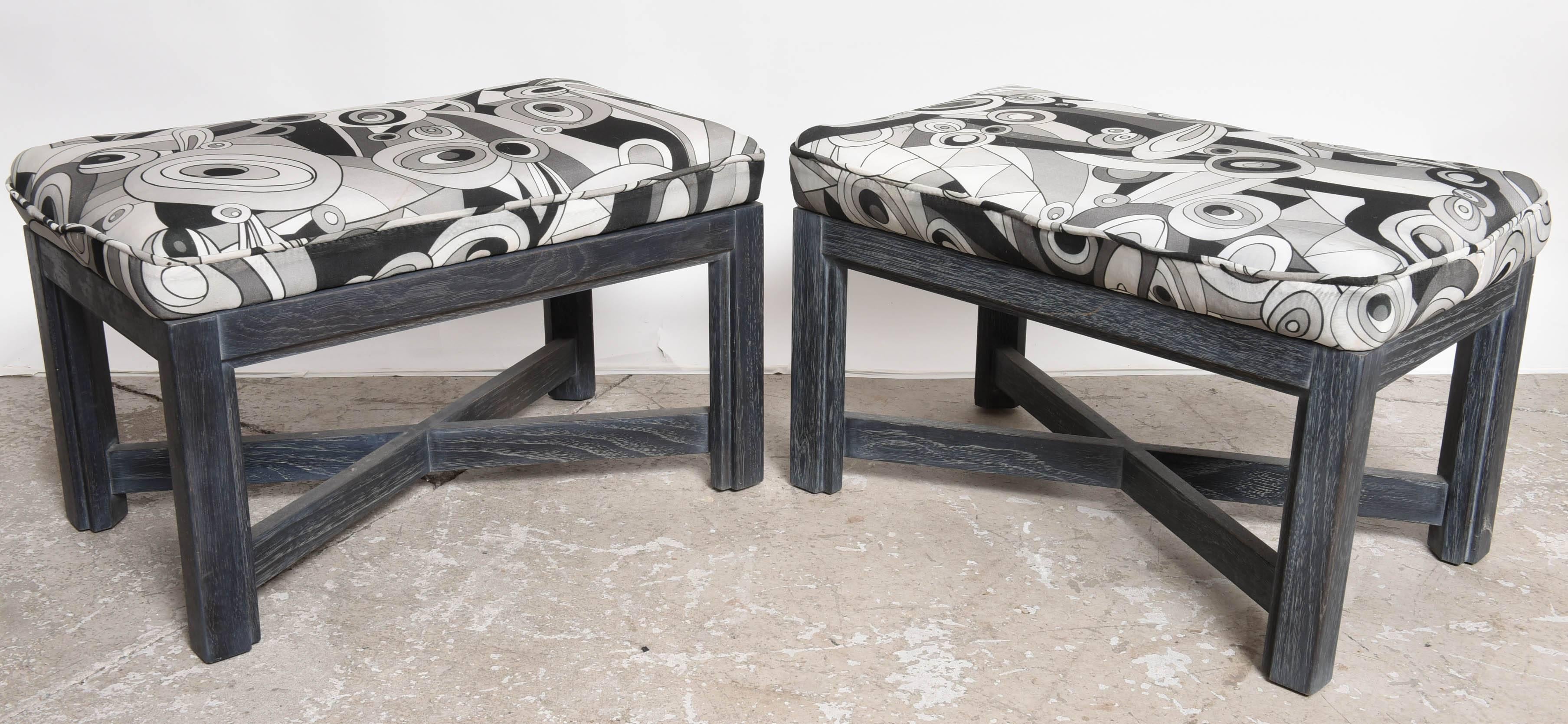 Upholstered Pair of Cerrused Oak X Base Stools  upholstered in Pucci Fabric In Good Condition In Miami, FL