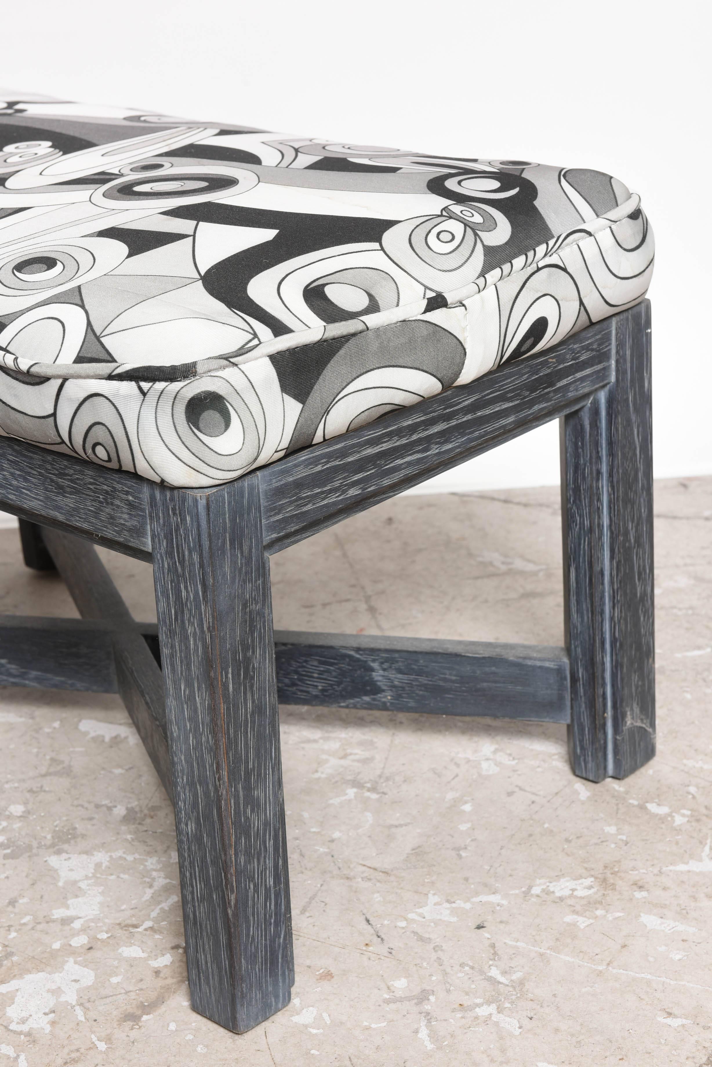 Mid-20th Century Upholstered Pair of Cerrused Oak X Base Stools  upholstered in Pucci Fabric