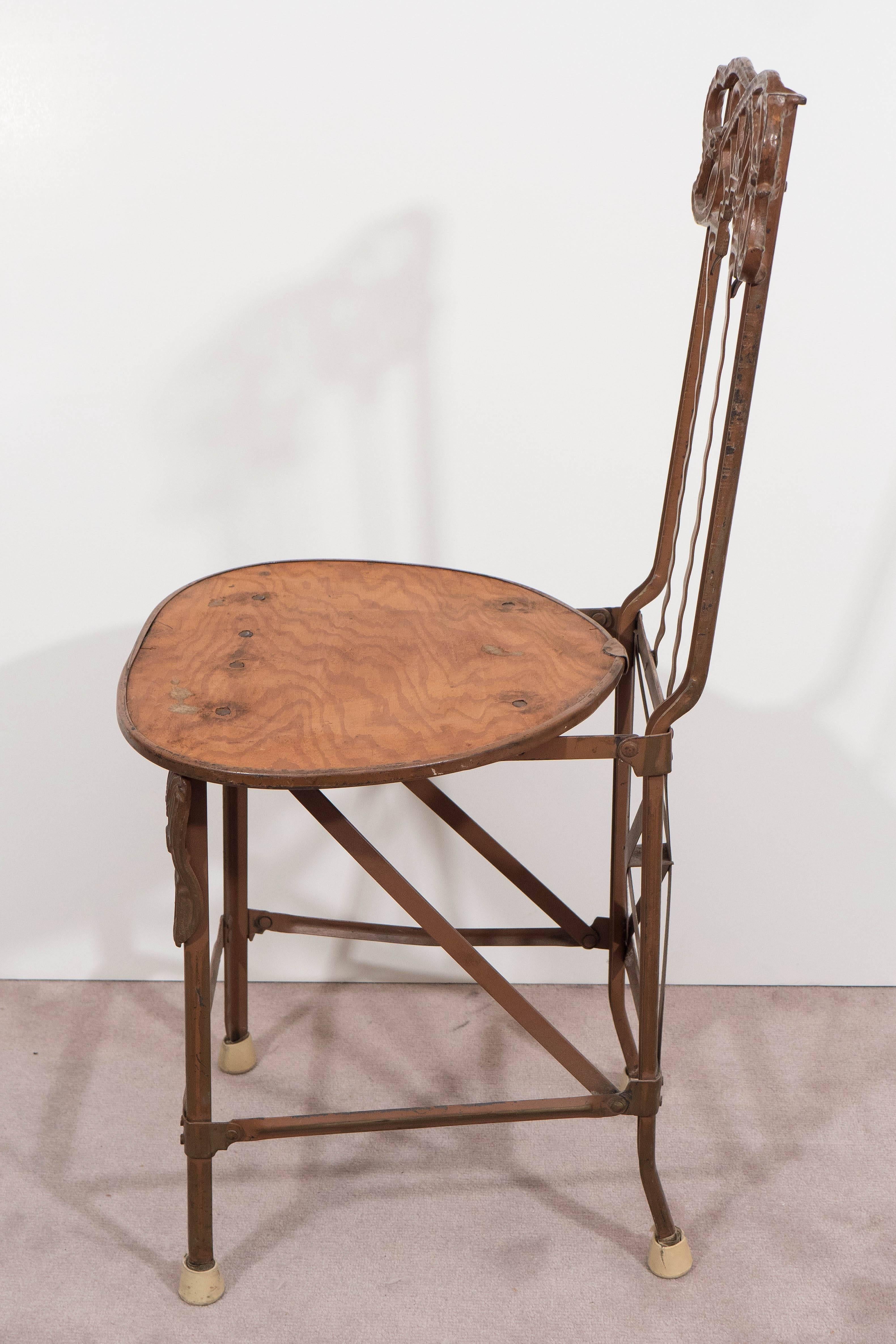 Set of Four Art Nouveau Cast Iron Folding Chairs with Wood Seats In Good Condition In Astoria, NY