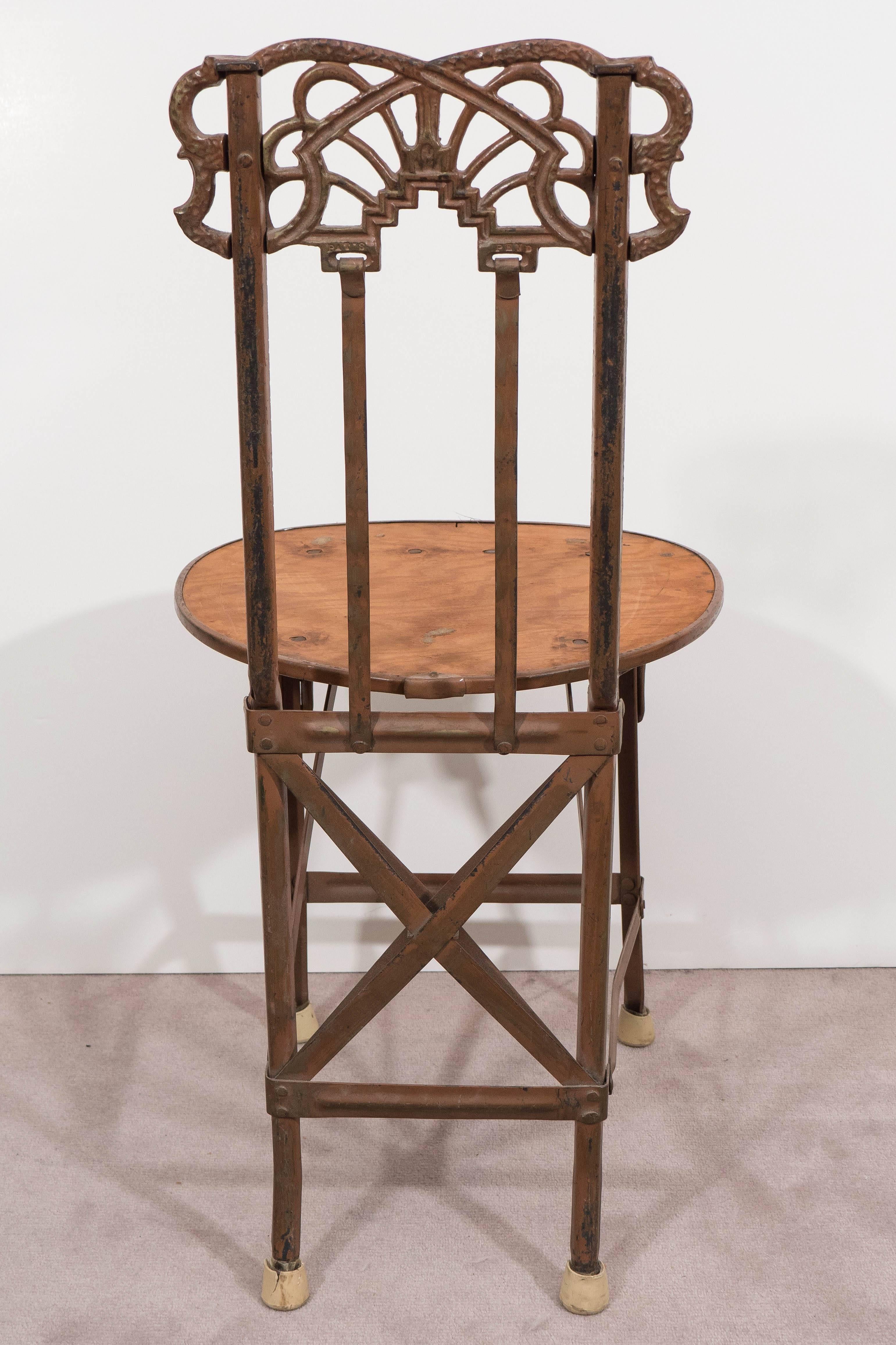 20th Century Set of Four Art Nouveau Cast Iron Folding Chairs with Wood Seats