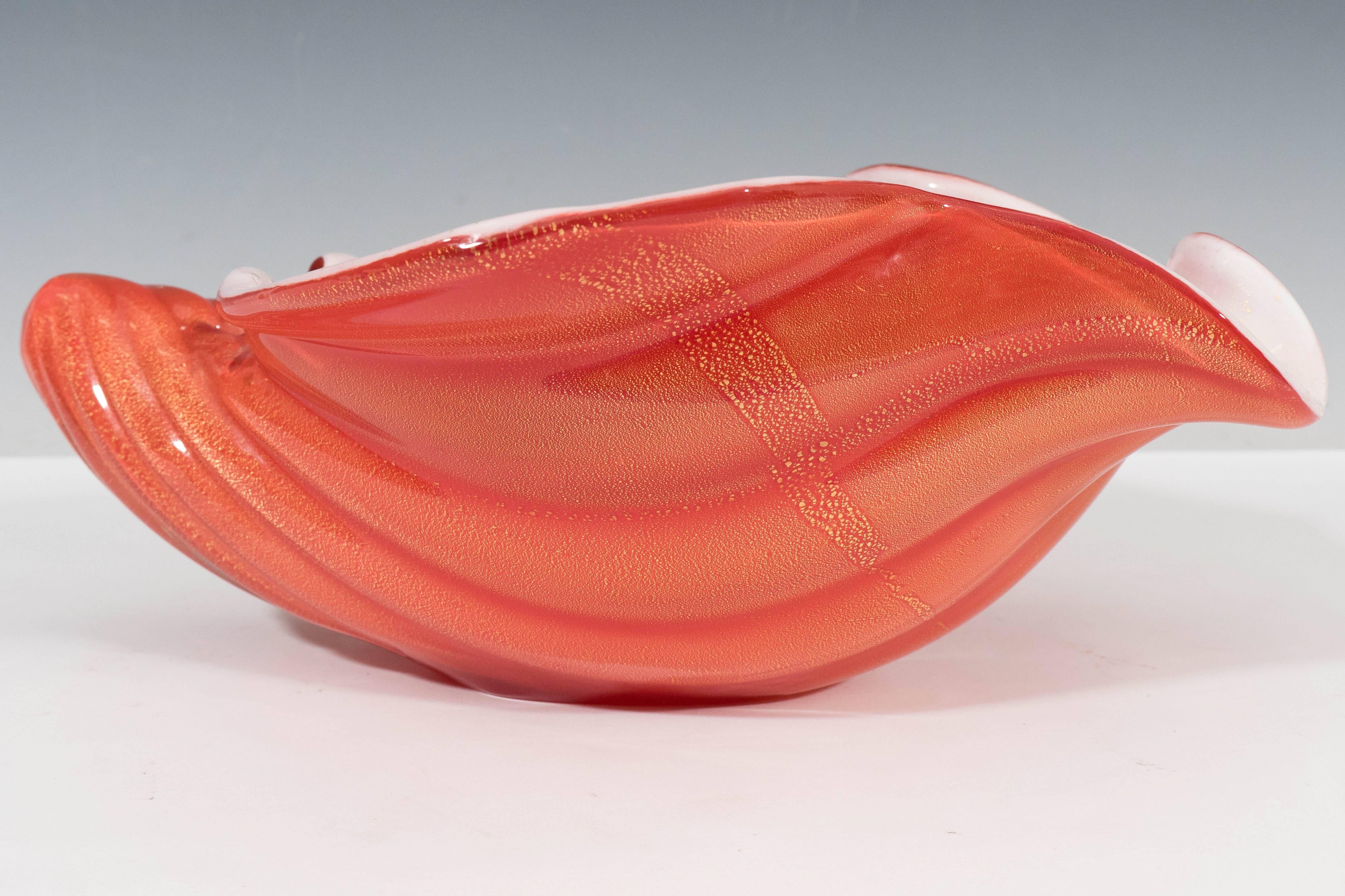 Murano Glass Alfredo Barbini Extra-Large Orange and White Glass Shell Bowl