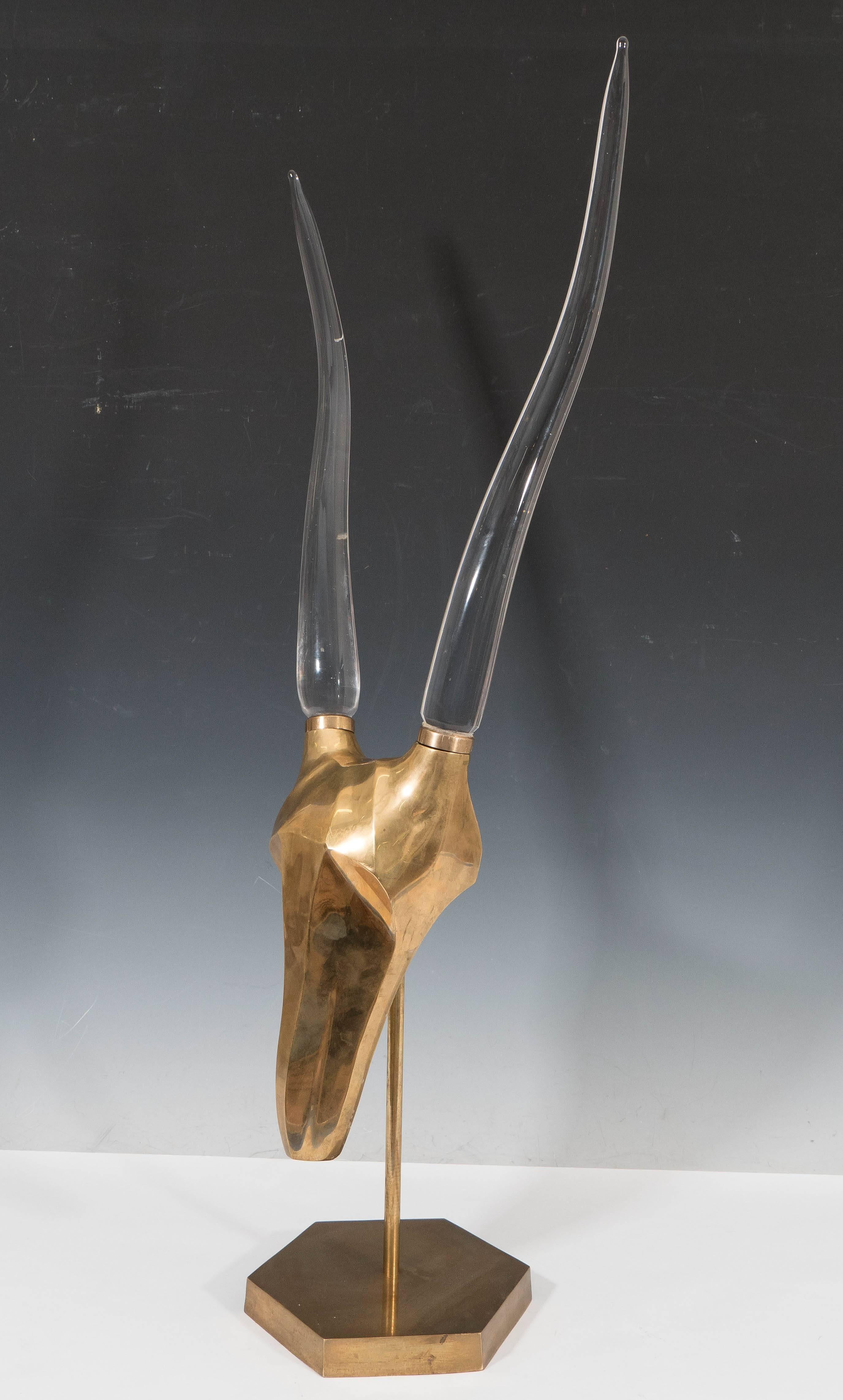 Late 20th Century Mid-Century Abstracted Antelope Skull in Brass with Glass Horns