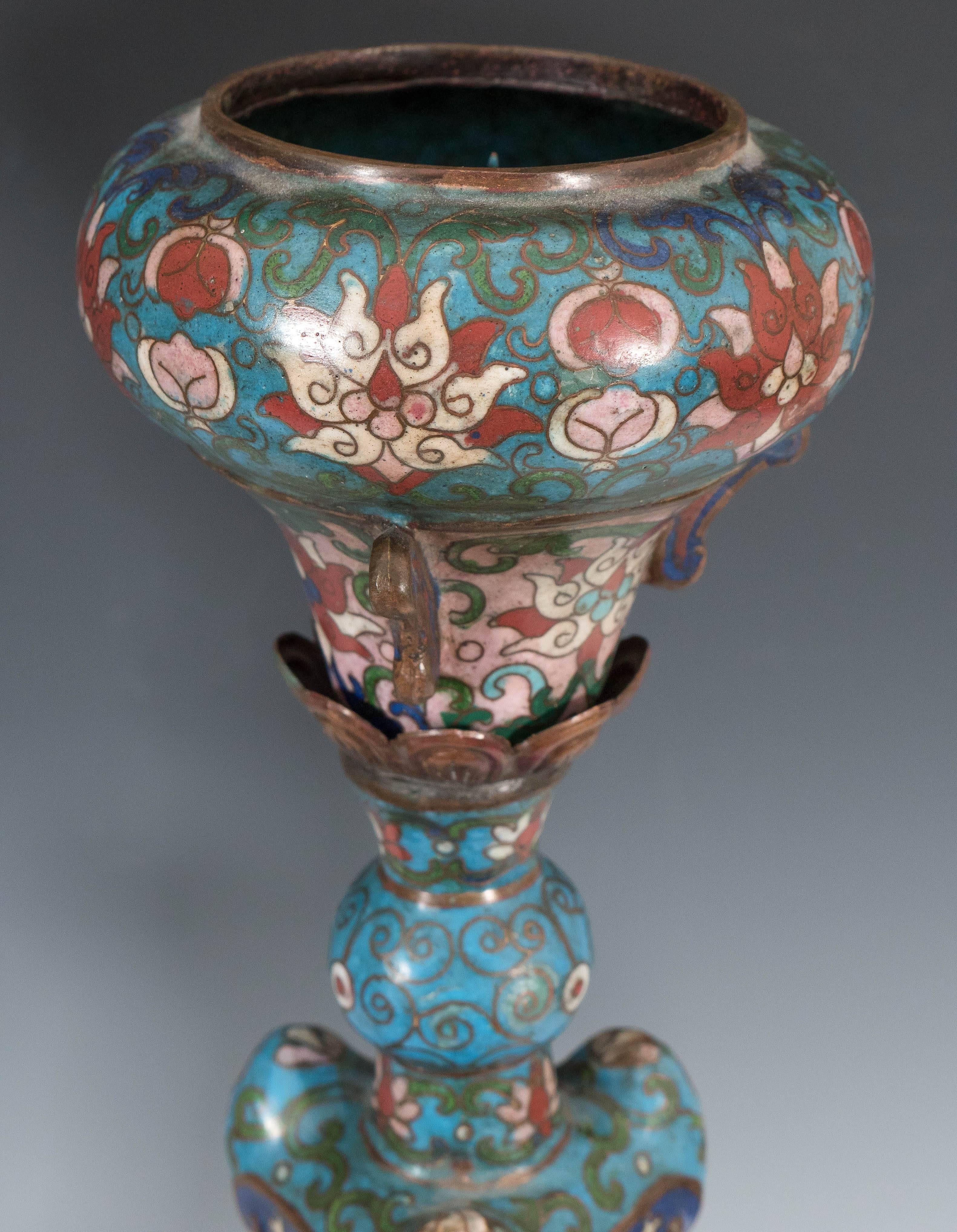Enameled Pair of Chinese Cloisonné Temple Candlesticks