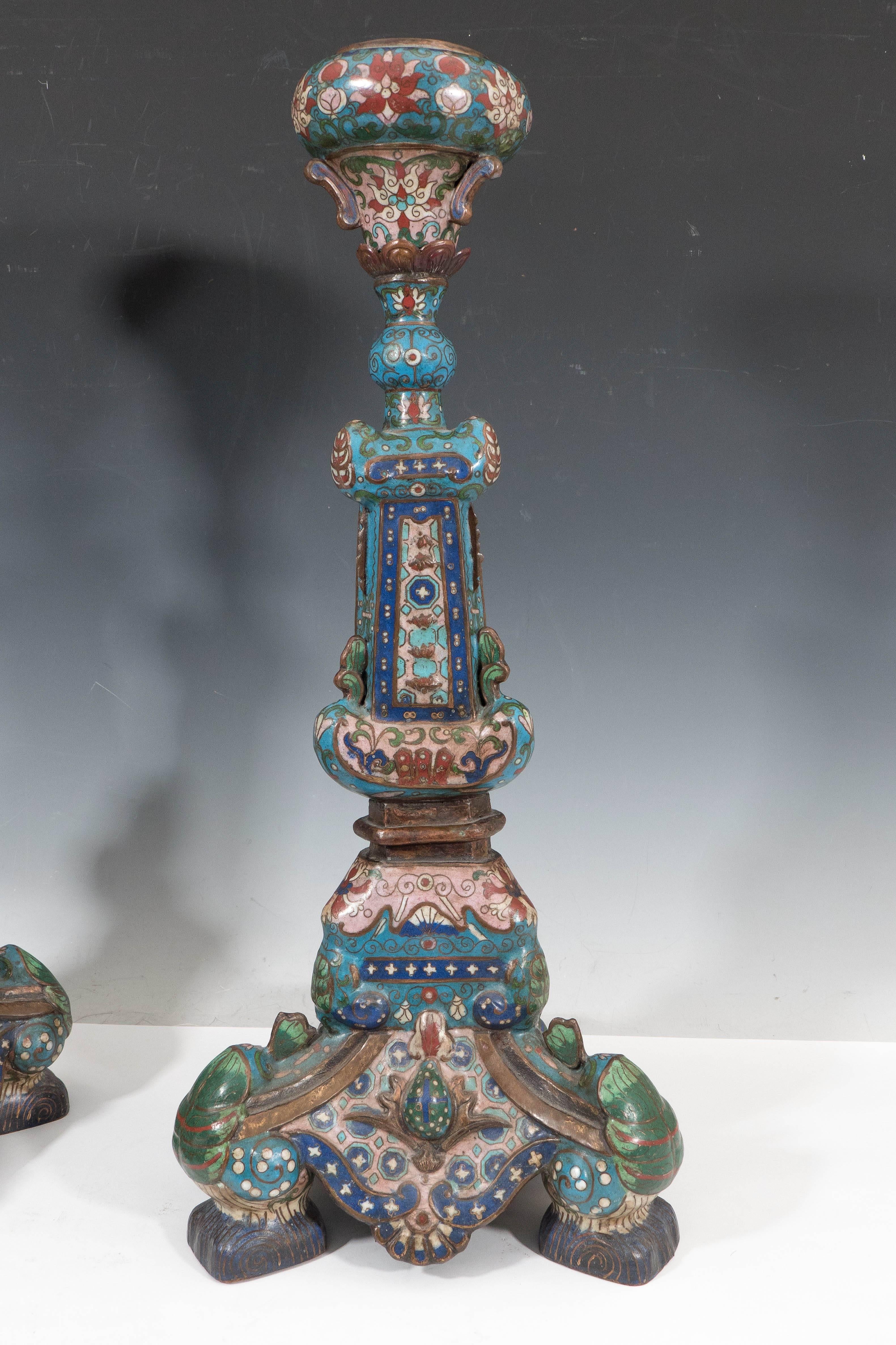 Pair of Chinese Cloisonné Temple Candlesticks In Good Condition In New York, NY