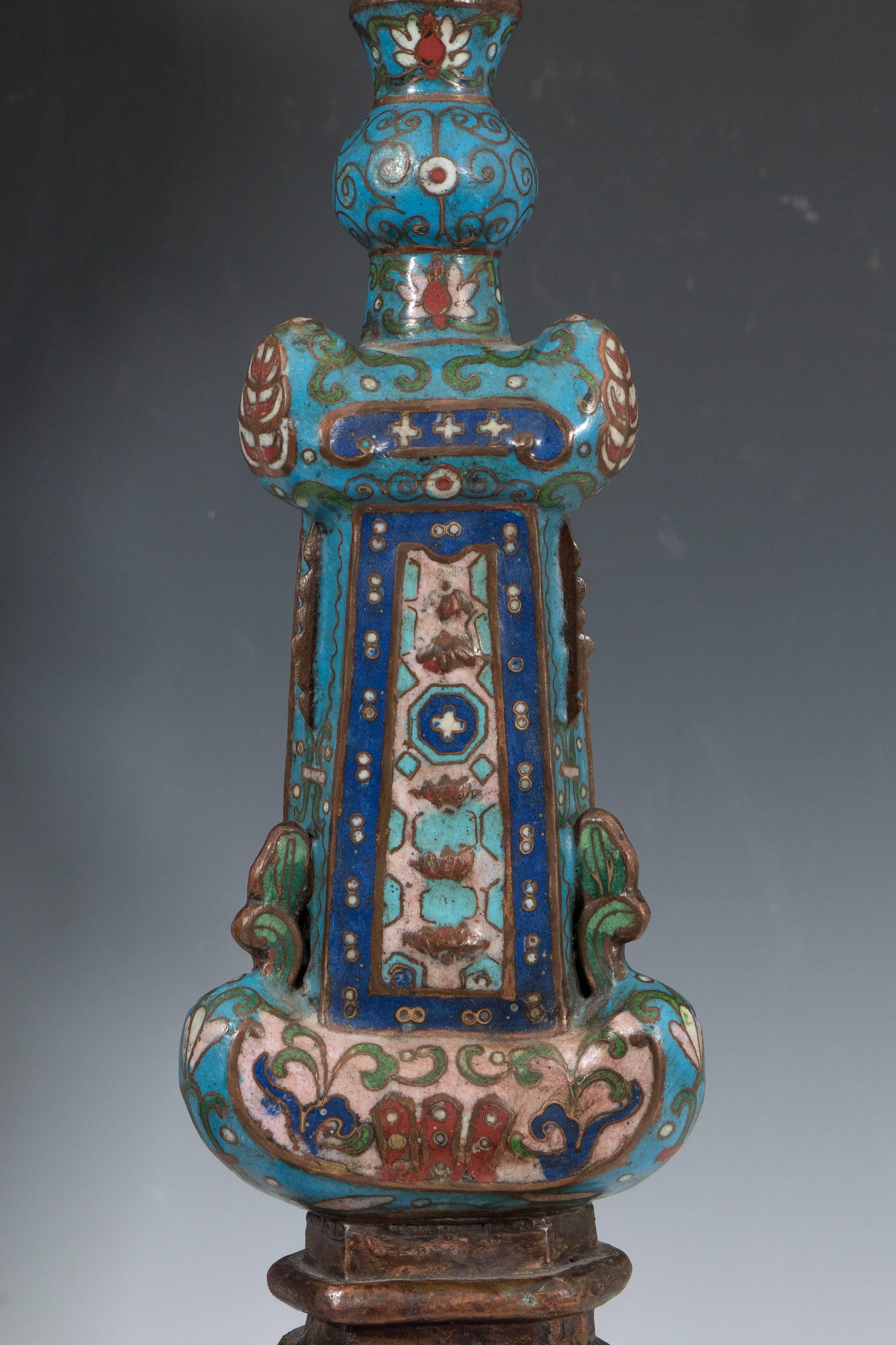 19th Century Pair of Chinese Cloisonné Temple Candlesticks