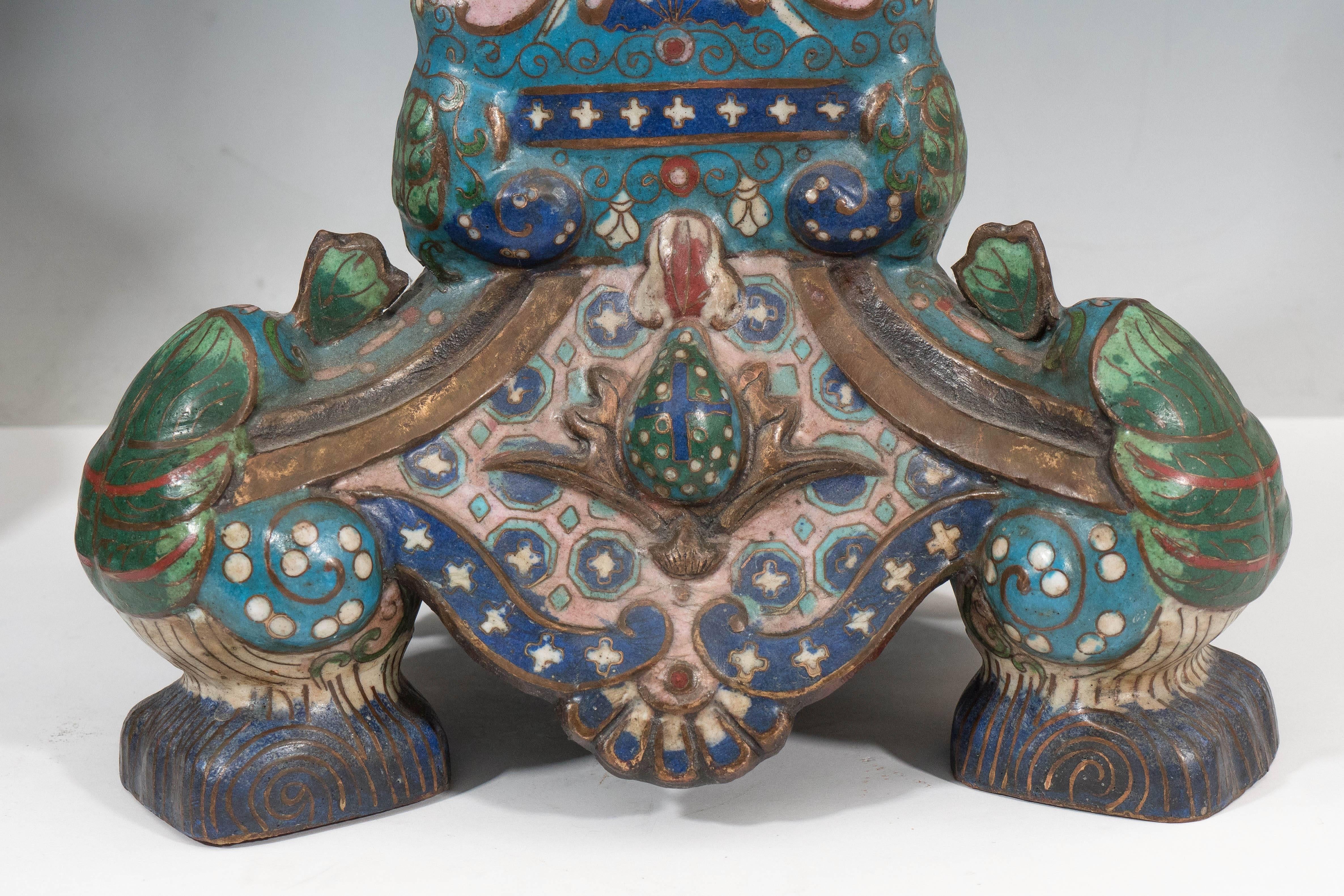 Metal Pair of Chinese Cloisonné Temple Candlesticks