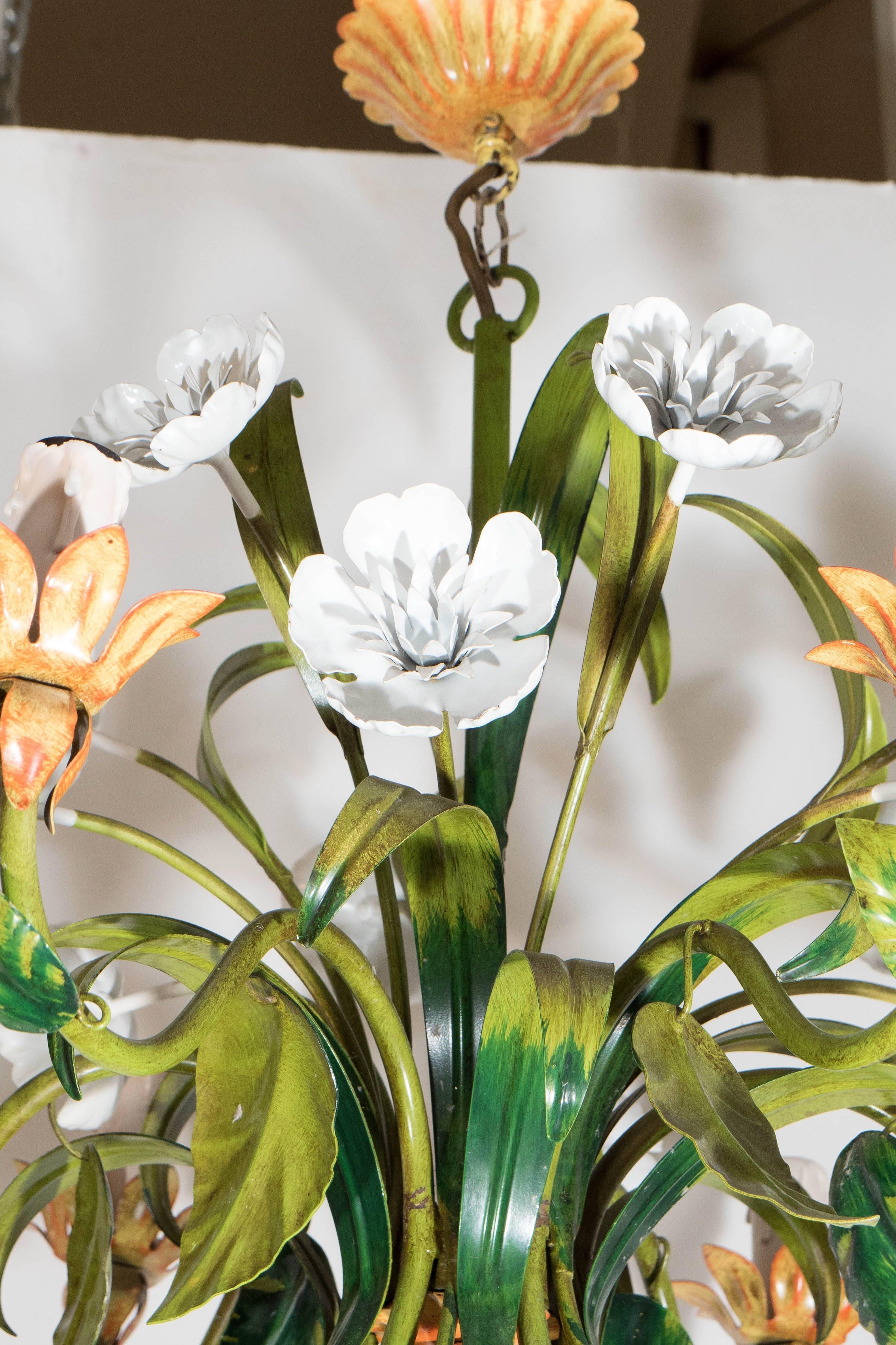 Mid-Century Modern 1970s Floral Chandelier in Enameled Metal