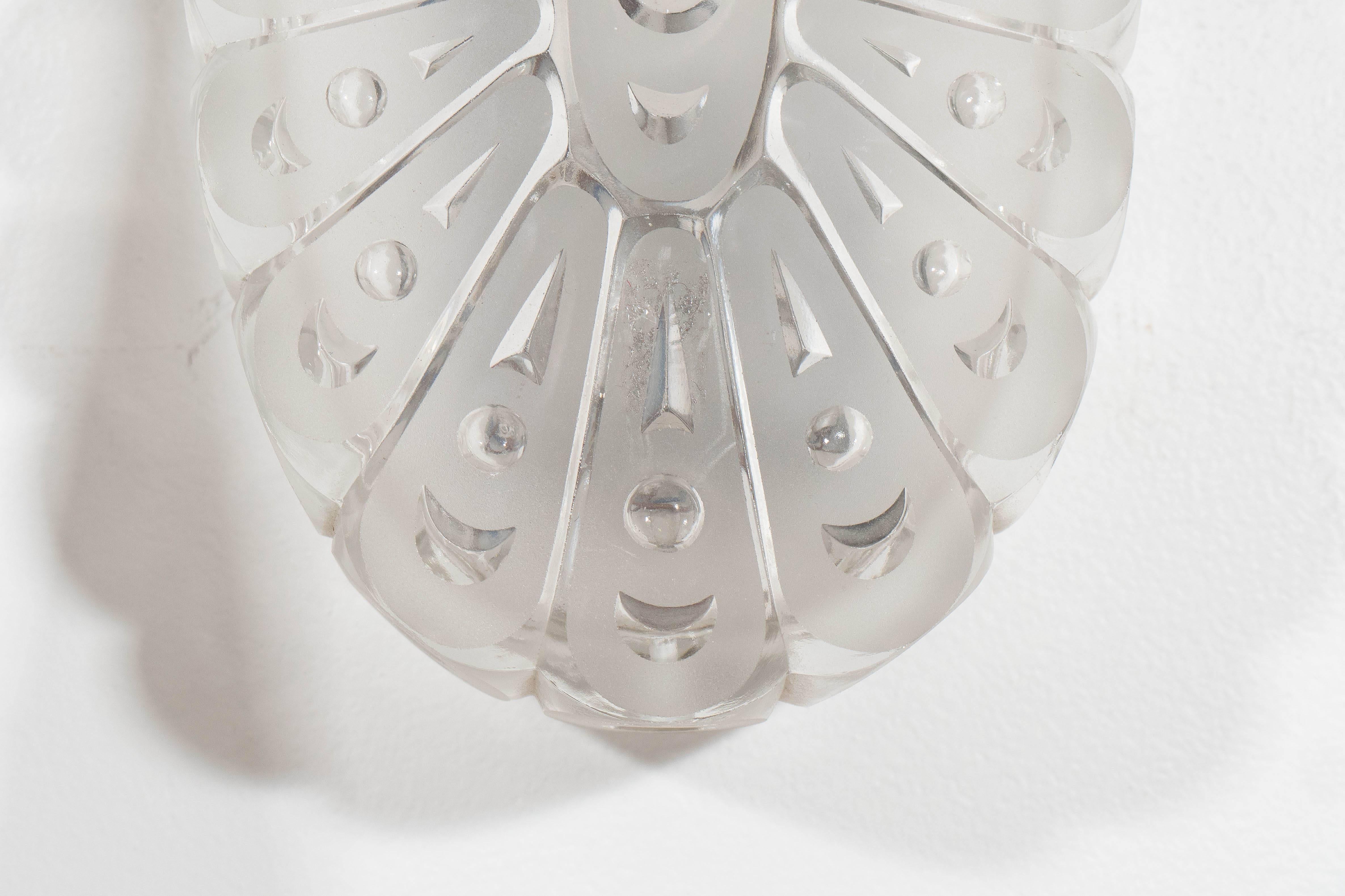 20th Century Pair of German Satin Opal Cut-Glass Oval Starburst Sconces