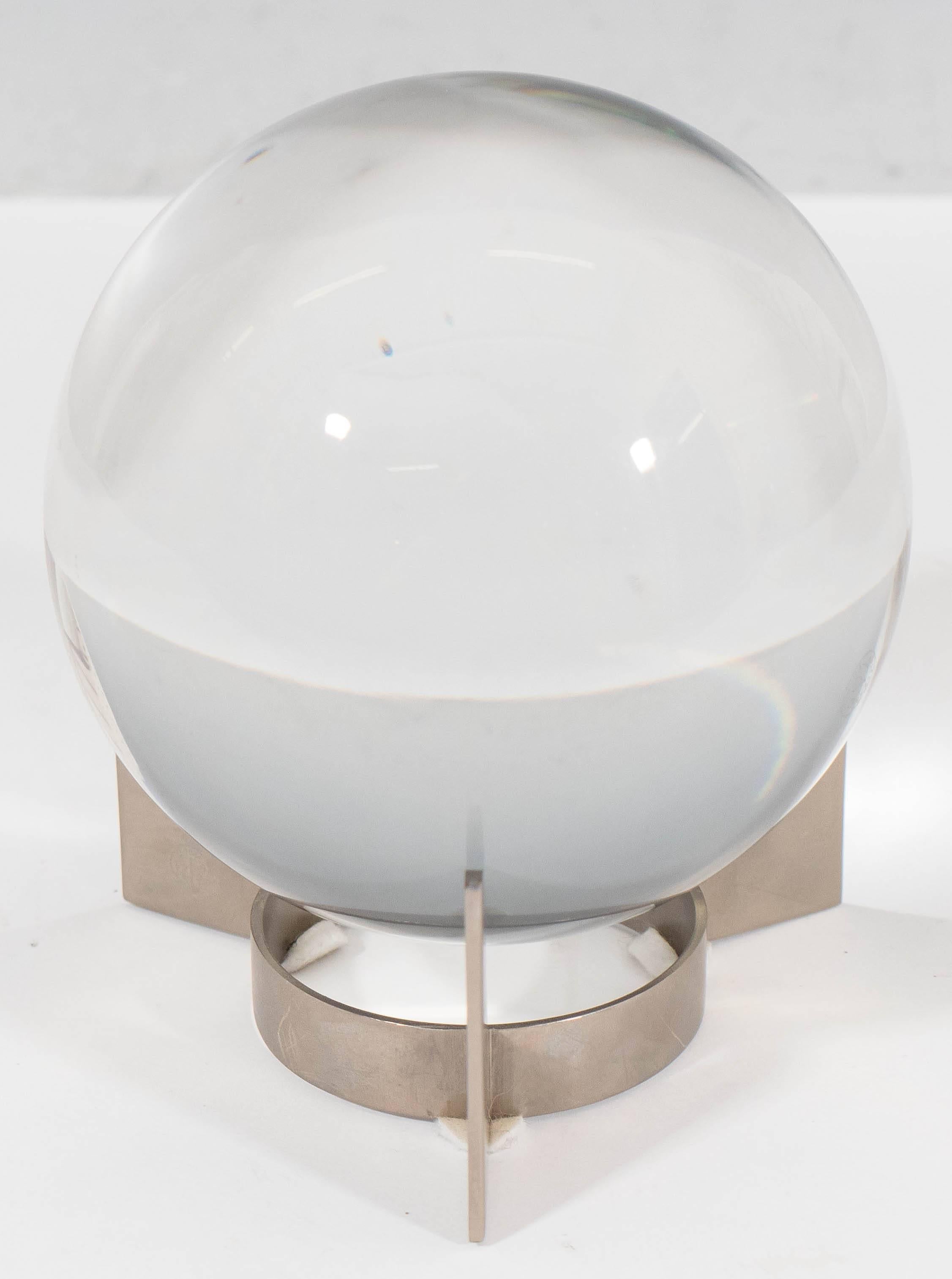 French 1940s Baccarat Sirius Crystal Ball on Nickel Plate Stand