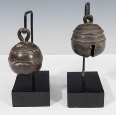 Set of Two Antique Bronze Bells on Wood Bases