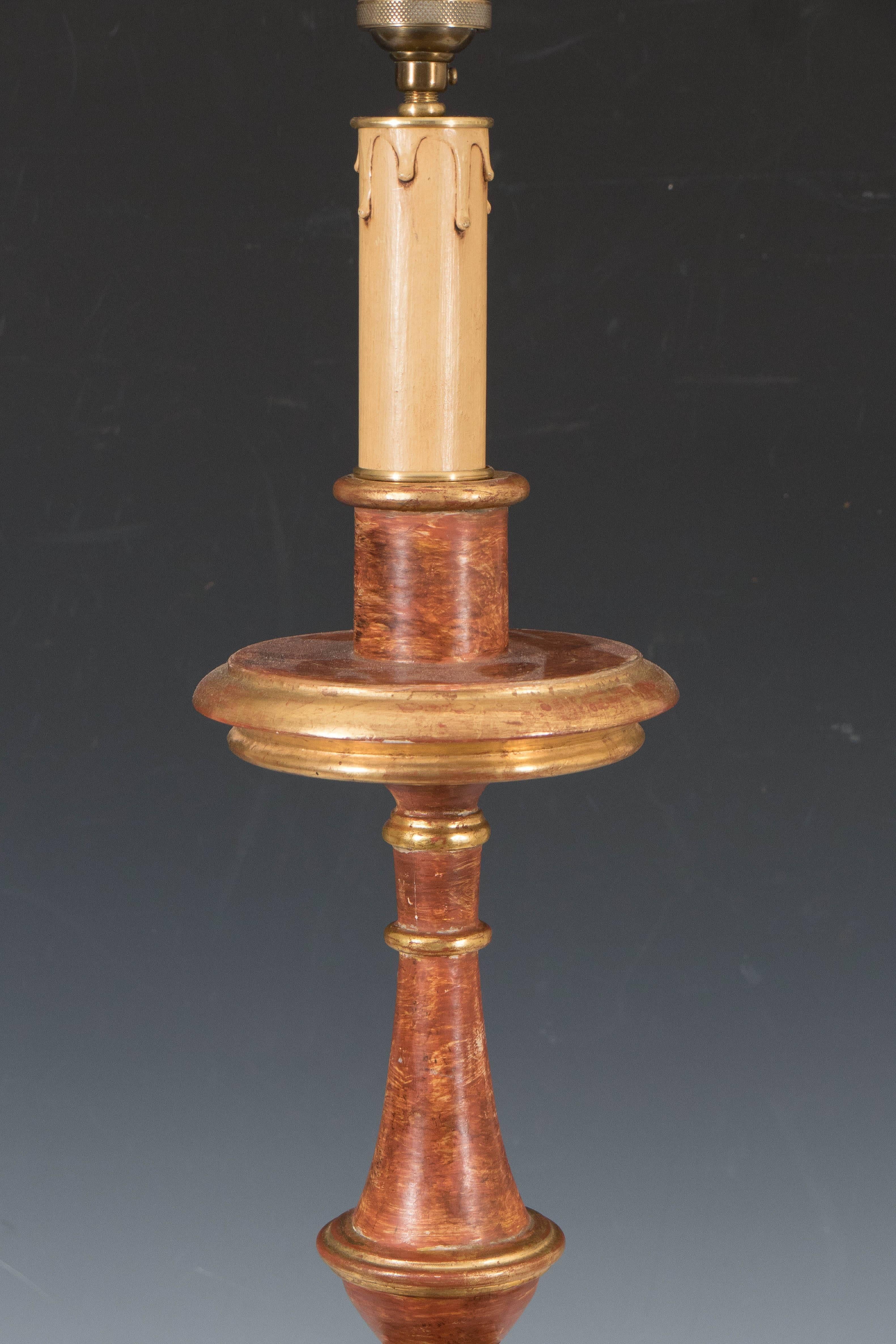 Gilt Pair of Early 20th Century Italian Gilded and Painted Candlestick Lamps