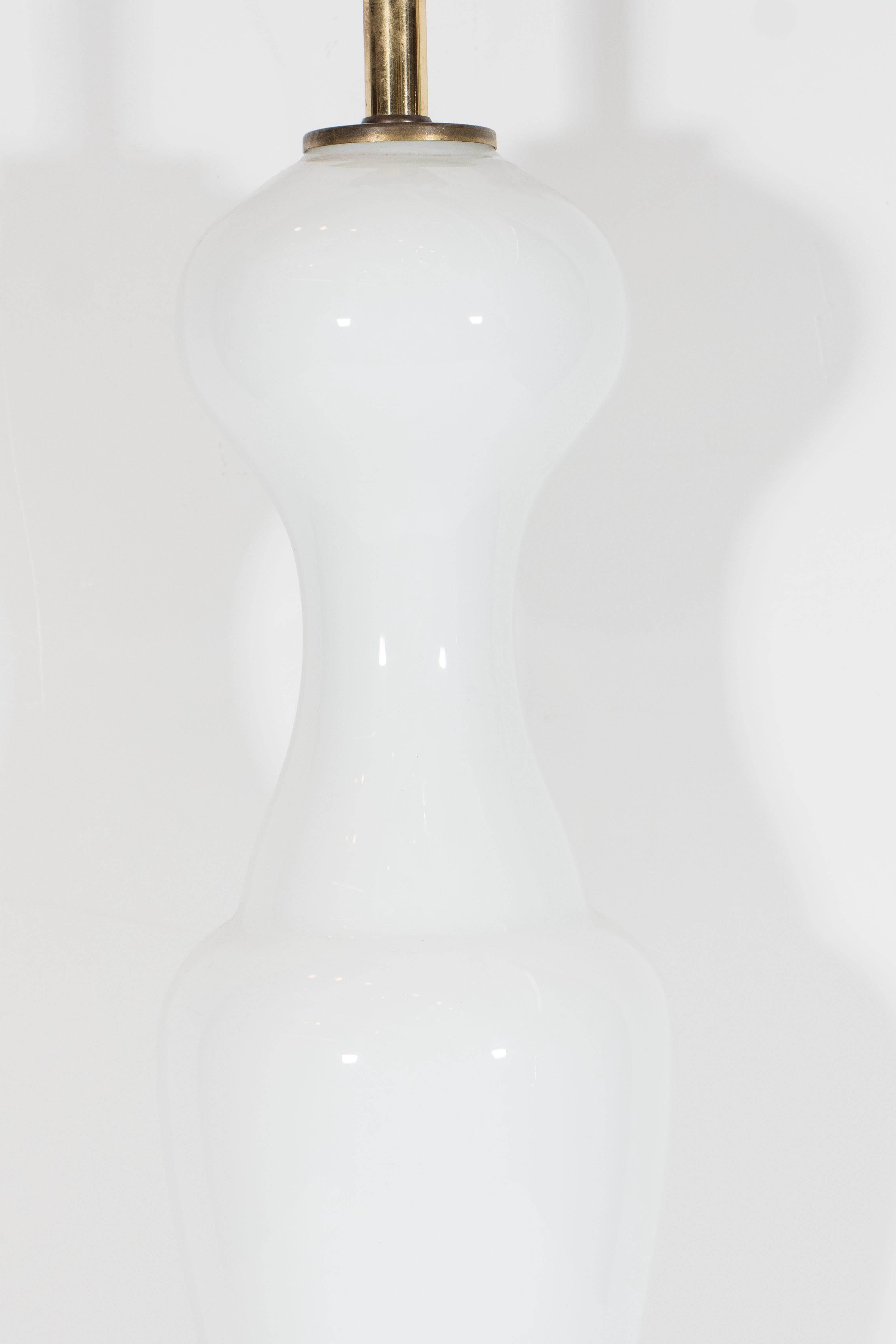 Mid-Century Modern Pair of Elegant Mid-Century White Opaline Glass Lamps on Gilt Bases