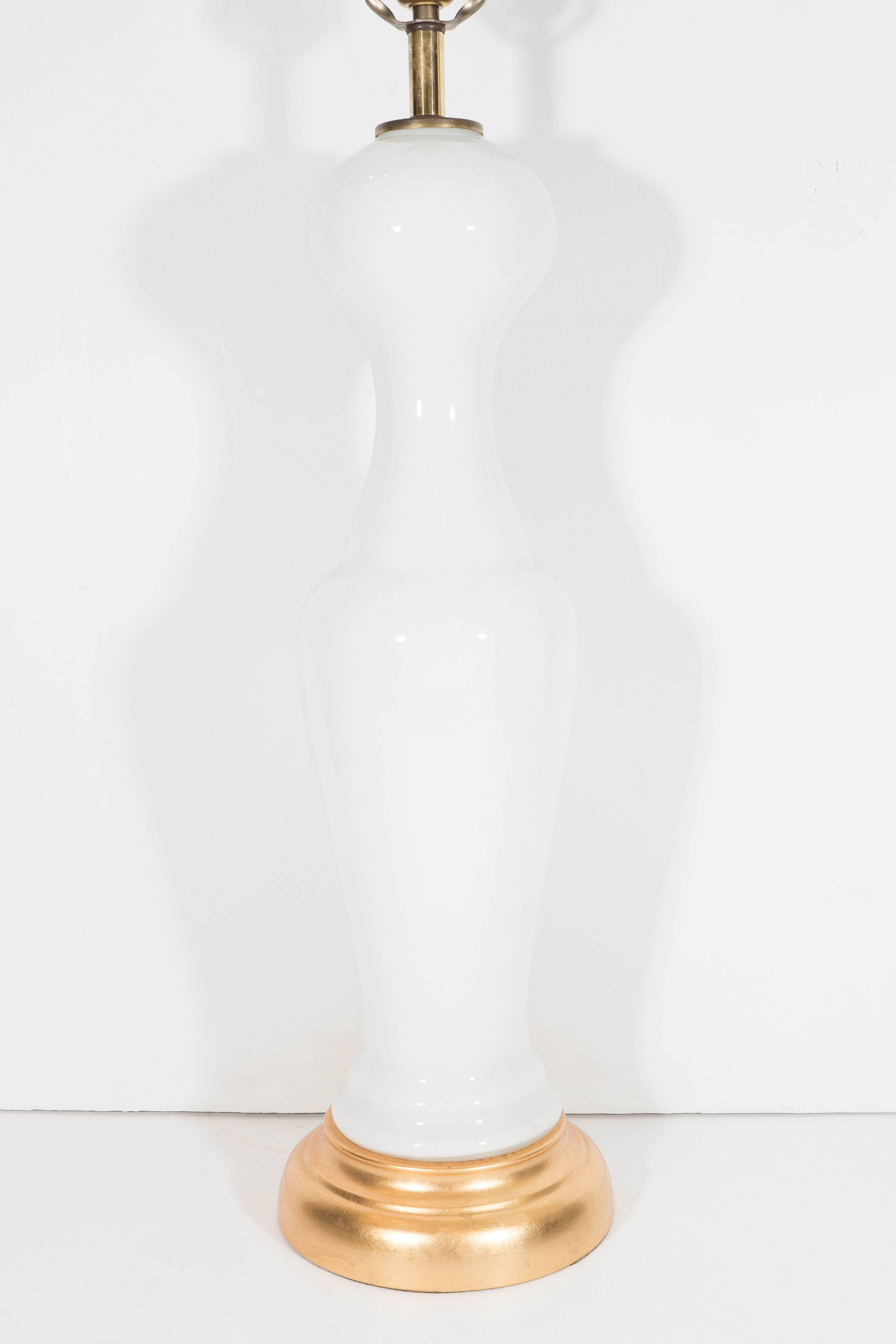 20th Century Pair of Elegant Mid-Century White Opaline Glass Lamps on Gilt Bases