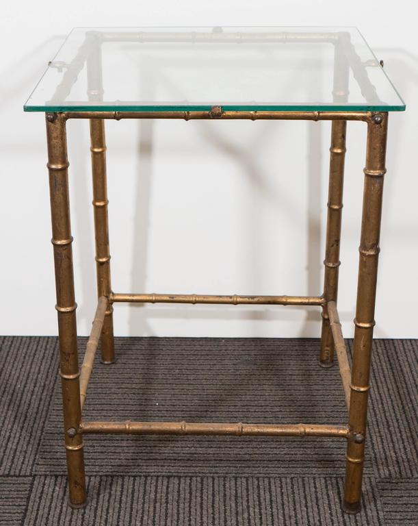 Midcentury Gold Leaf Bamboo Motif Side Table With Glass Top By Labarge