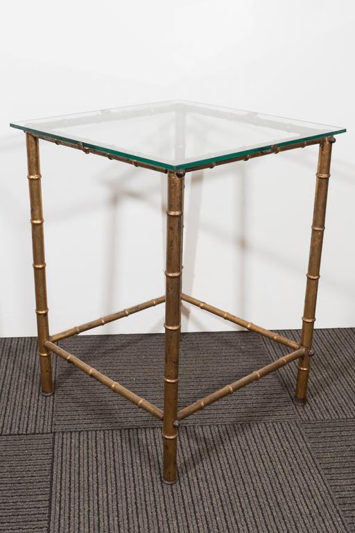 Midcentury Gold Leaf Bamboo Motif Side Table with Glass Top by LaBarge