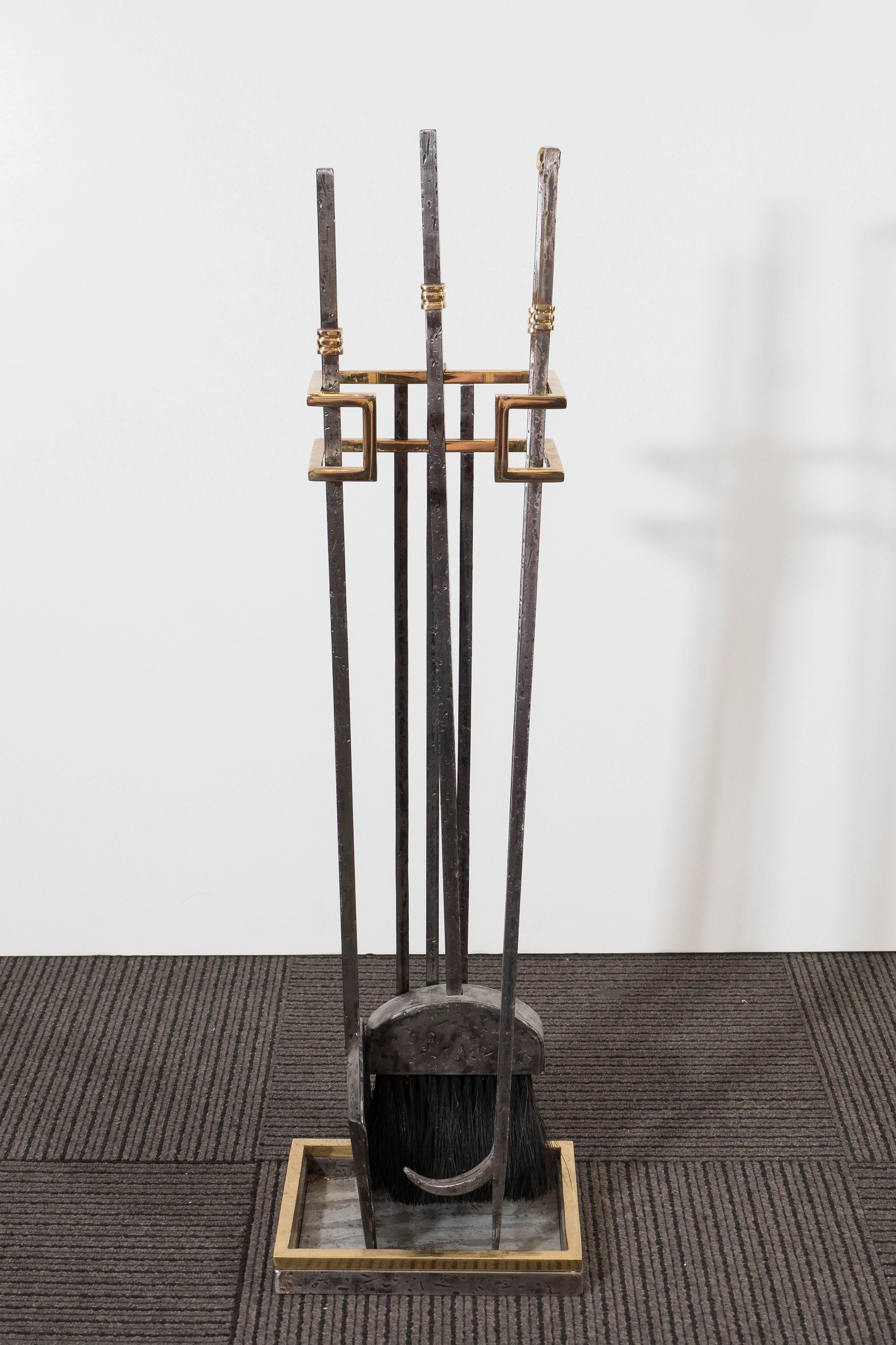 Modern Set of Brass and Wrought Iron Fireplace Tools and Andirons