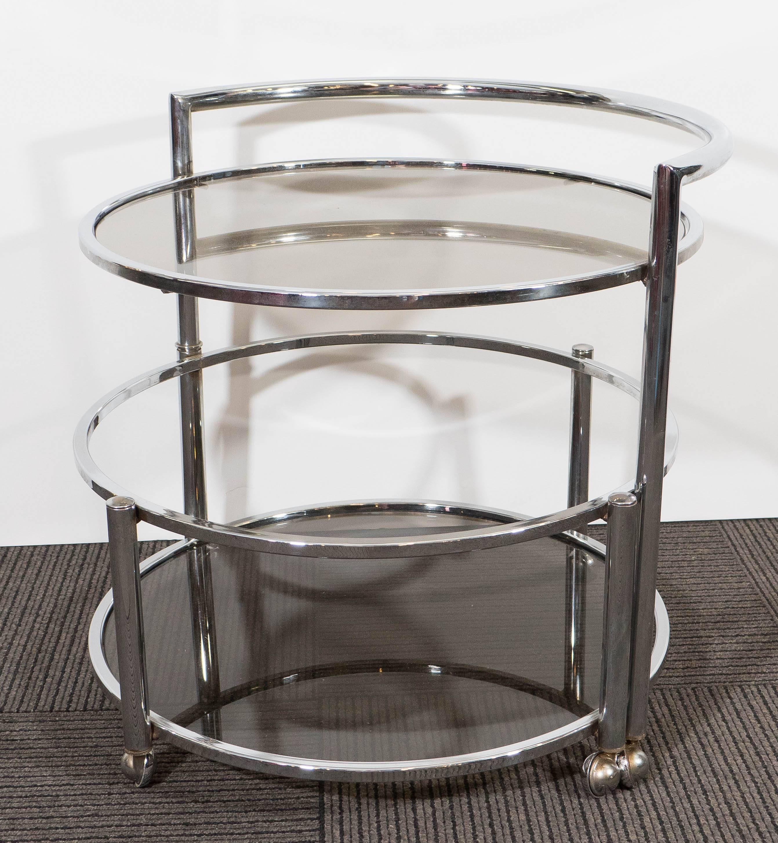Mid-Century Modern Midcentury Adjustable Round Occasional Table in Chrome & Smoked Glass on Casters