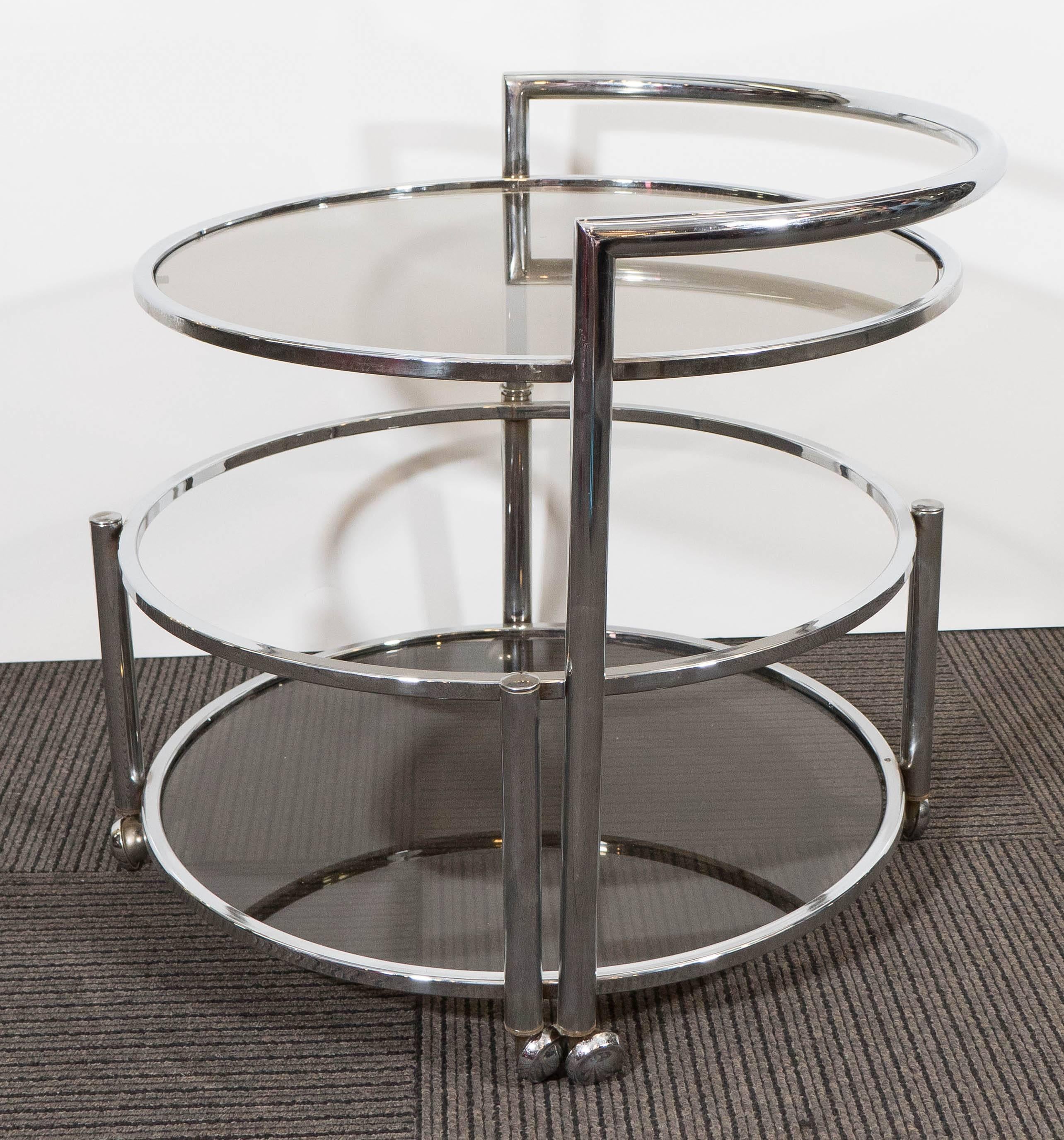 Polished Midcentury Adjustable Round Occasional Table in Chrome & Smoked Glass on Casters