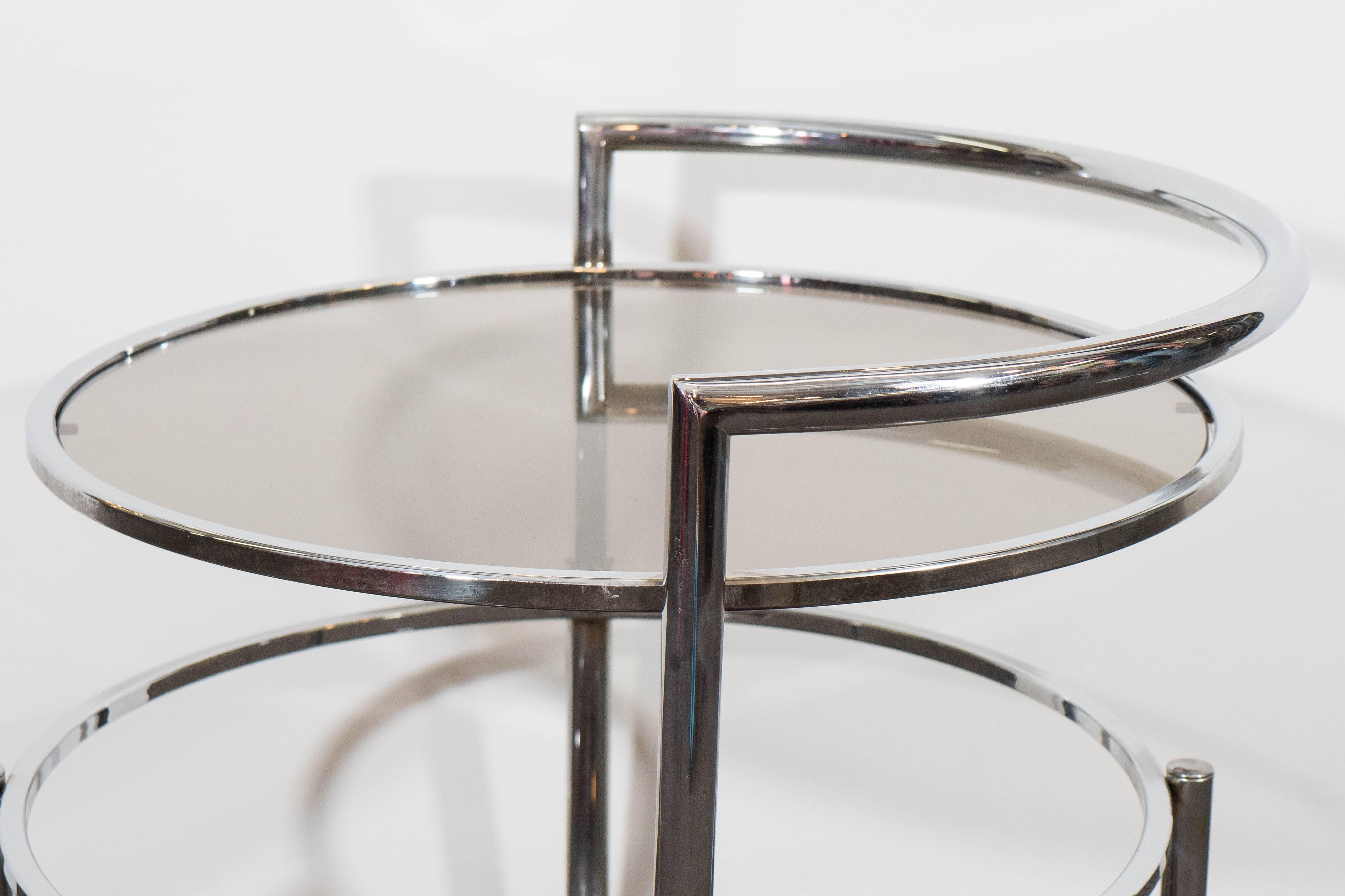 Midcentury Adjustable Round Occasional Table in Chrome & Smoked Glass on Casters In Good Condition In New York, NY