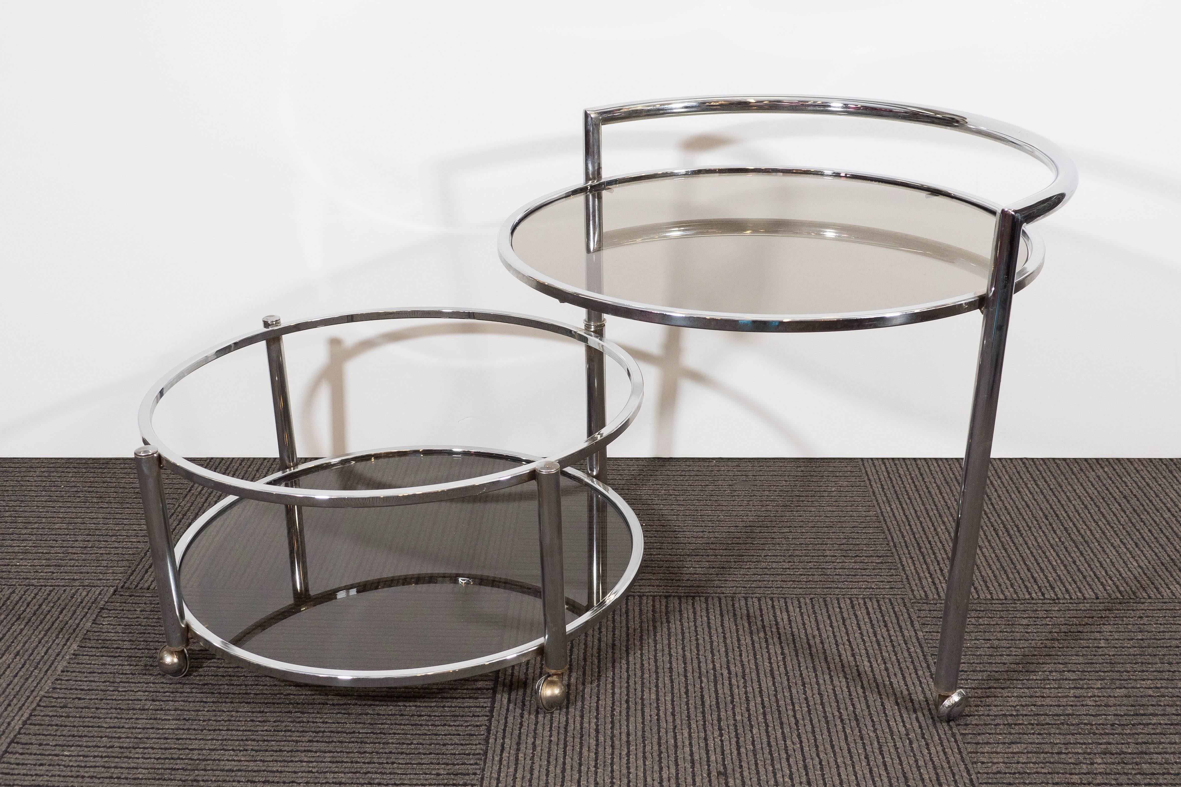 Late 20th Century Midcentury Adjustable Round Occasional Table in Chrome & Smoked Glass on Casters