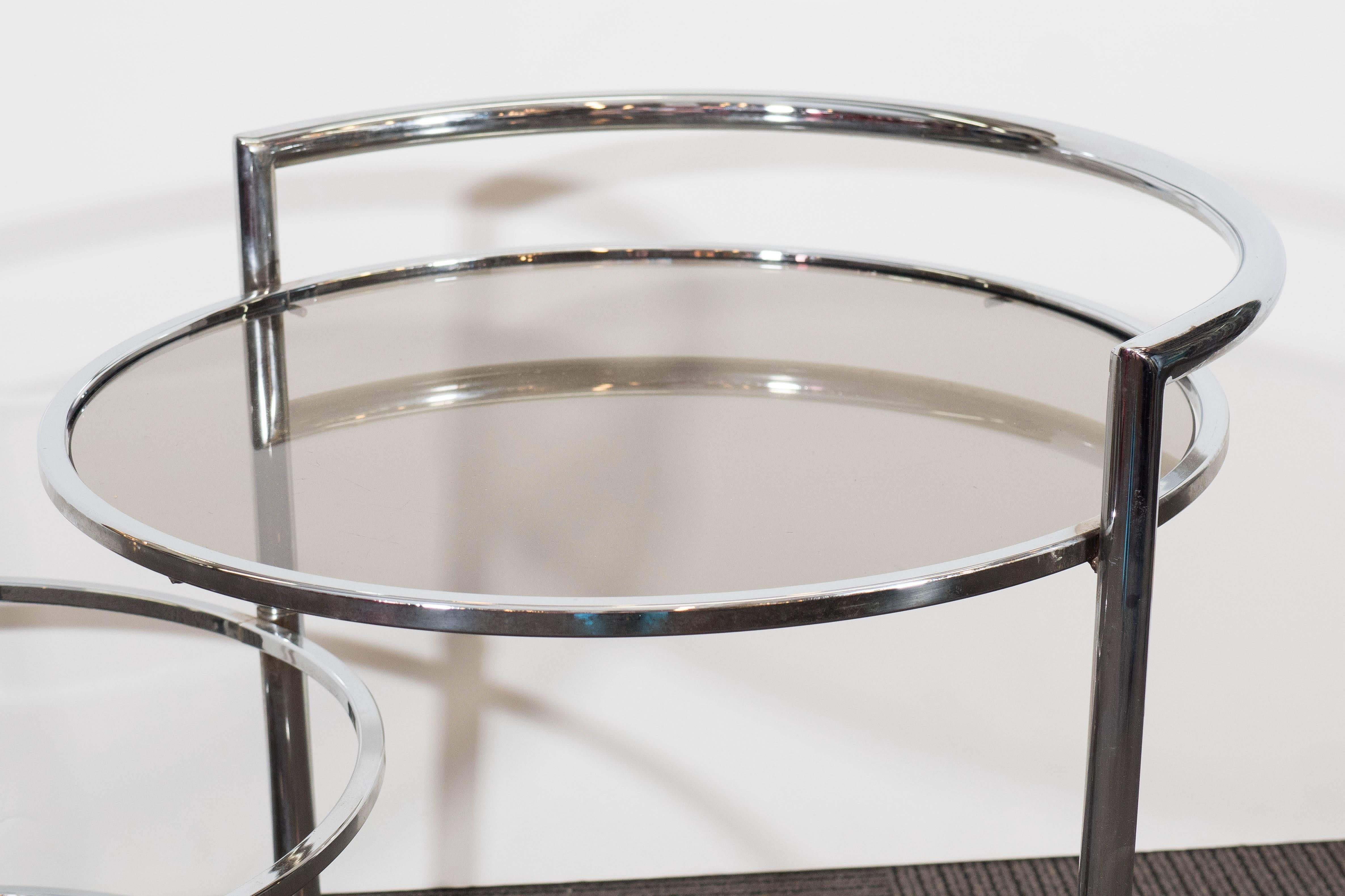 Midcentury Adjustable Round Occasional Table in Chrome & Smoked Glass on Casters 1