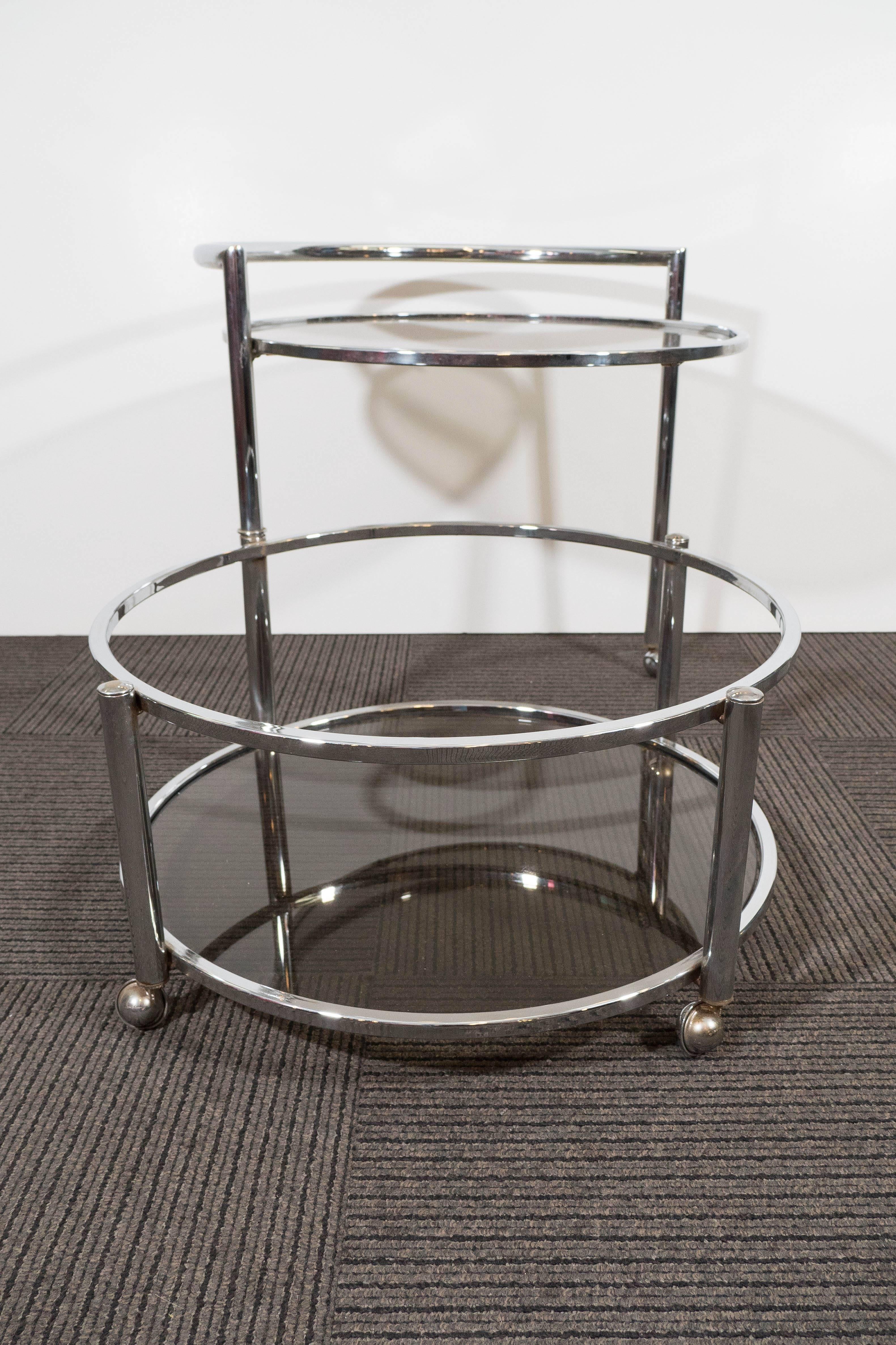 Midcentury Adjustable Round Occasional Table in Chrome & Smoked Glass on Casters 2