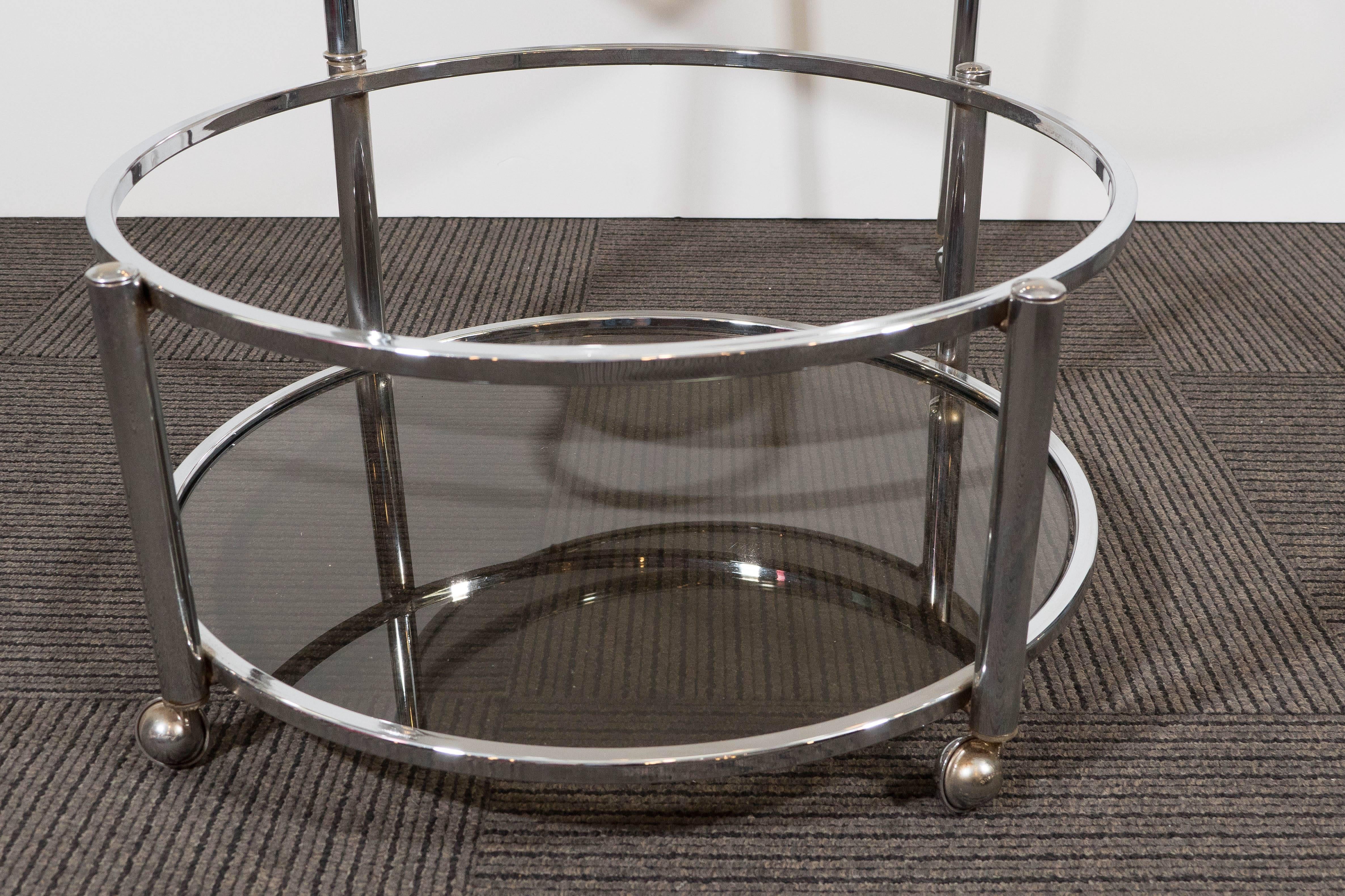 Midcentury Adjustable Round Occasional Table in Chrome & Smoked Glass on Casters 3