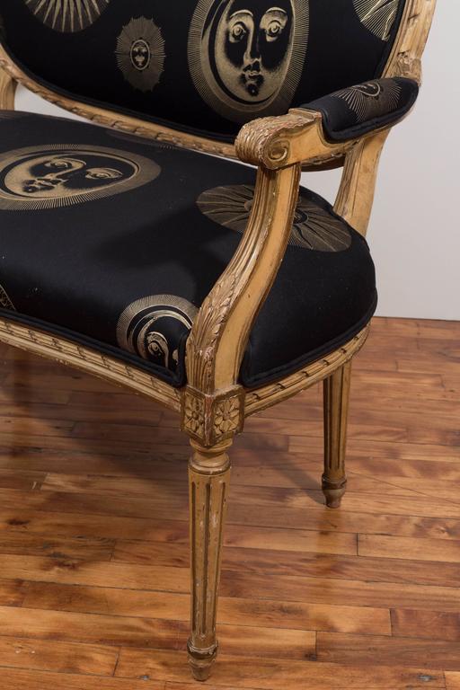 19th Century Louis XVI Style Settee with Black and Gold Fornasetti Fabric In Good Condition In New York, NY