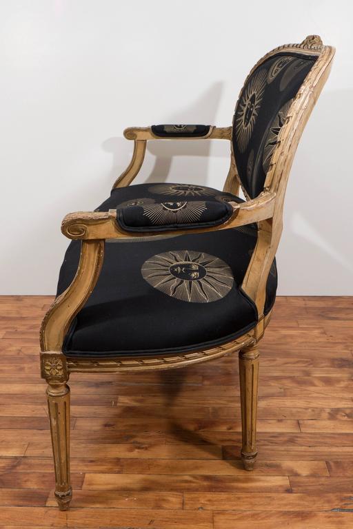 Cotton 19th Century Louis XVI Style Settee with Black and Gold Fornasetti Fabric