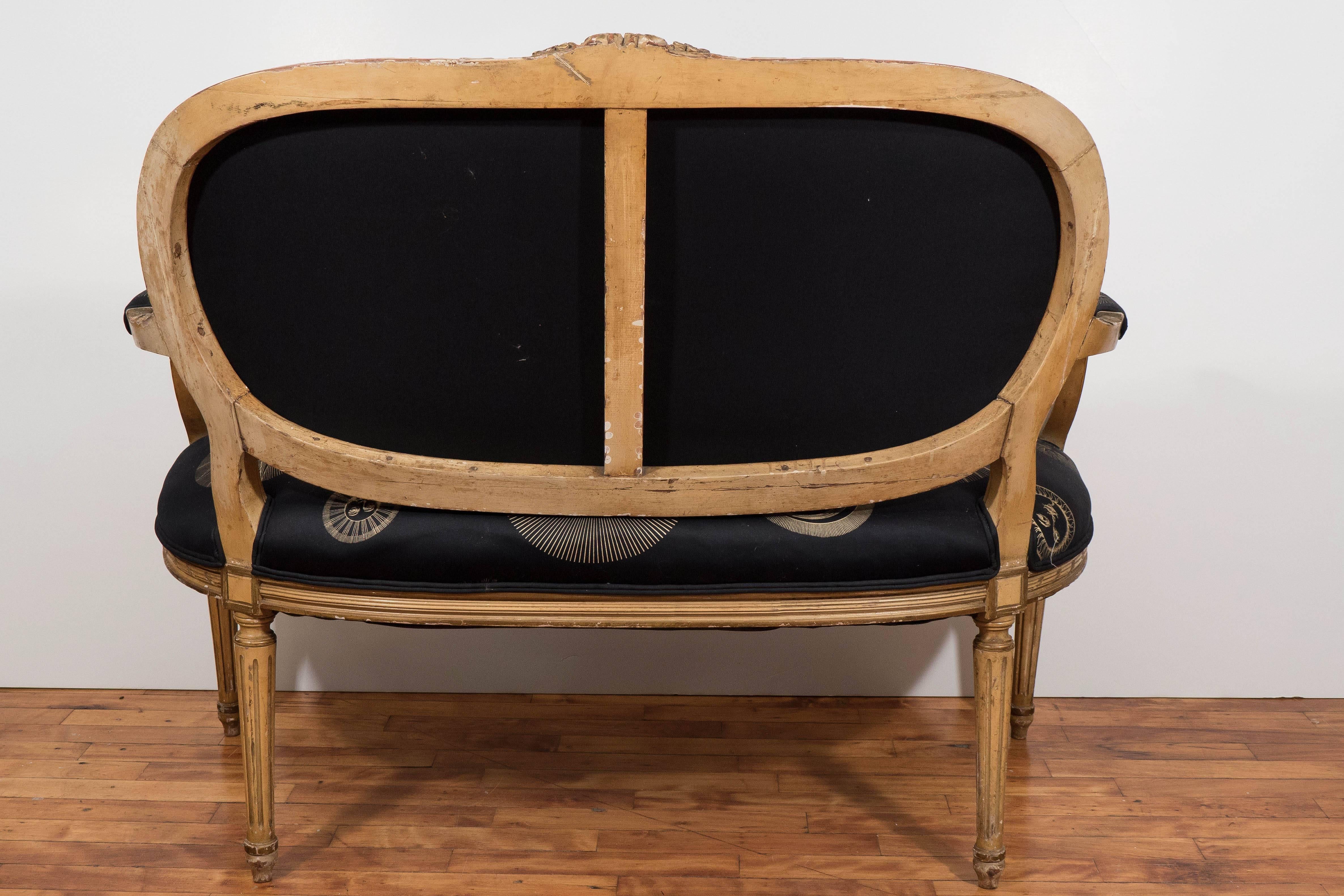 Cotton 19th Century Louis XVI Style Settee with Black and Gold Fornasetti Fabric